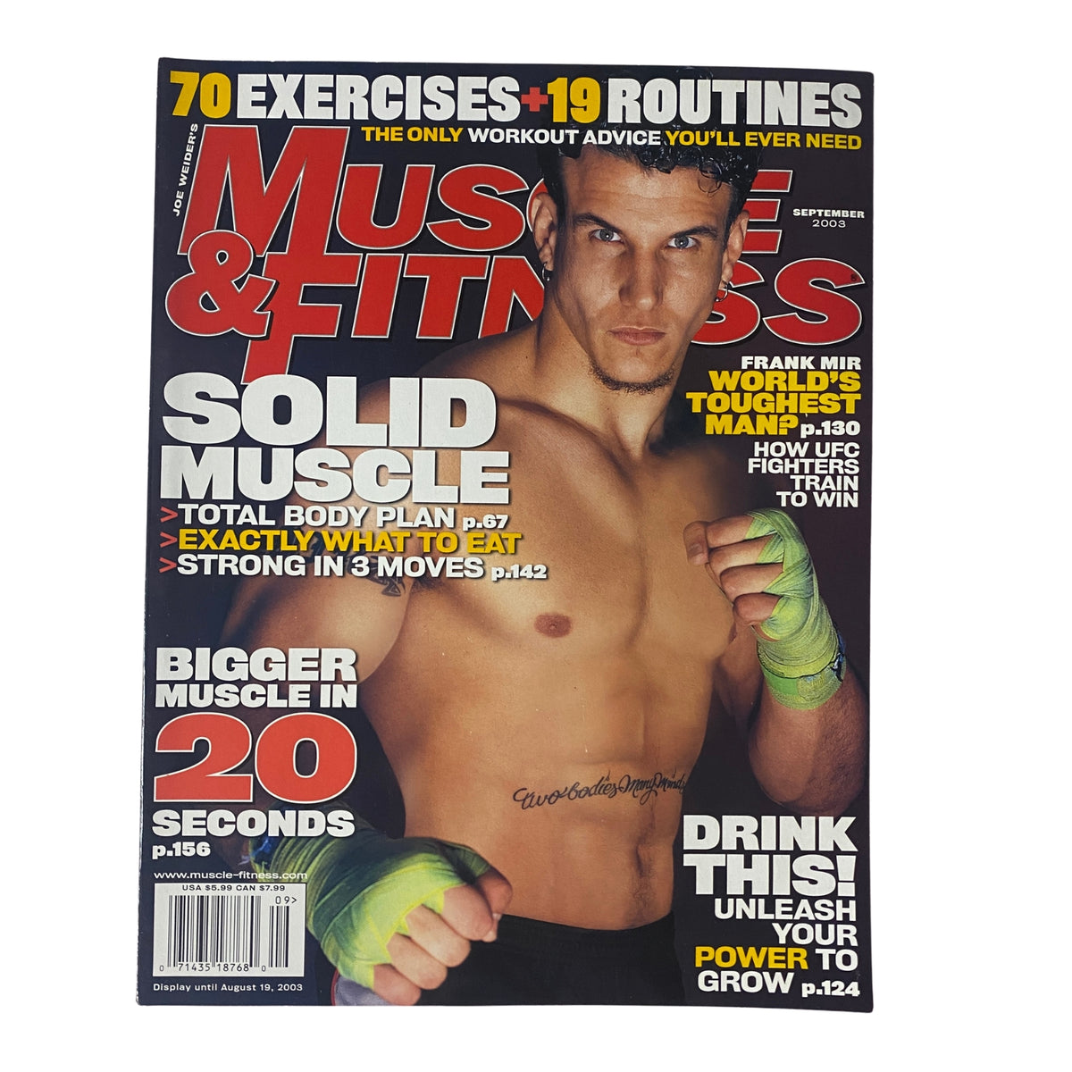 Cover of Muscle & Fitness Magazine September 2003 Vol 64 No. 9 featuring Frank Mir, showcasing total body workout tips and training routines.