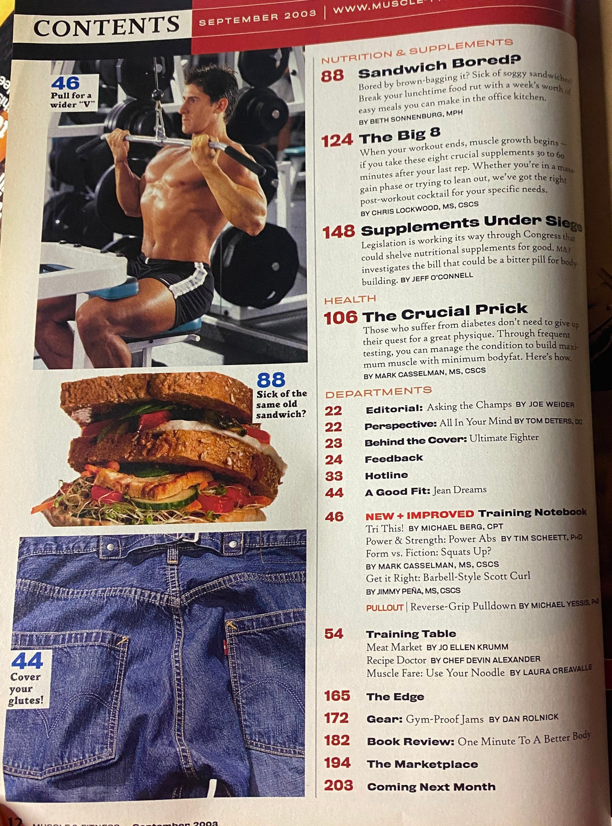 Another contents page from Muscle & Fitness Magazine September 2003 Vol 64 No. 9, featuring nutrition tips and health articles.