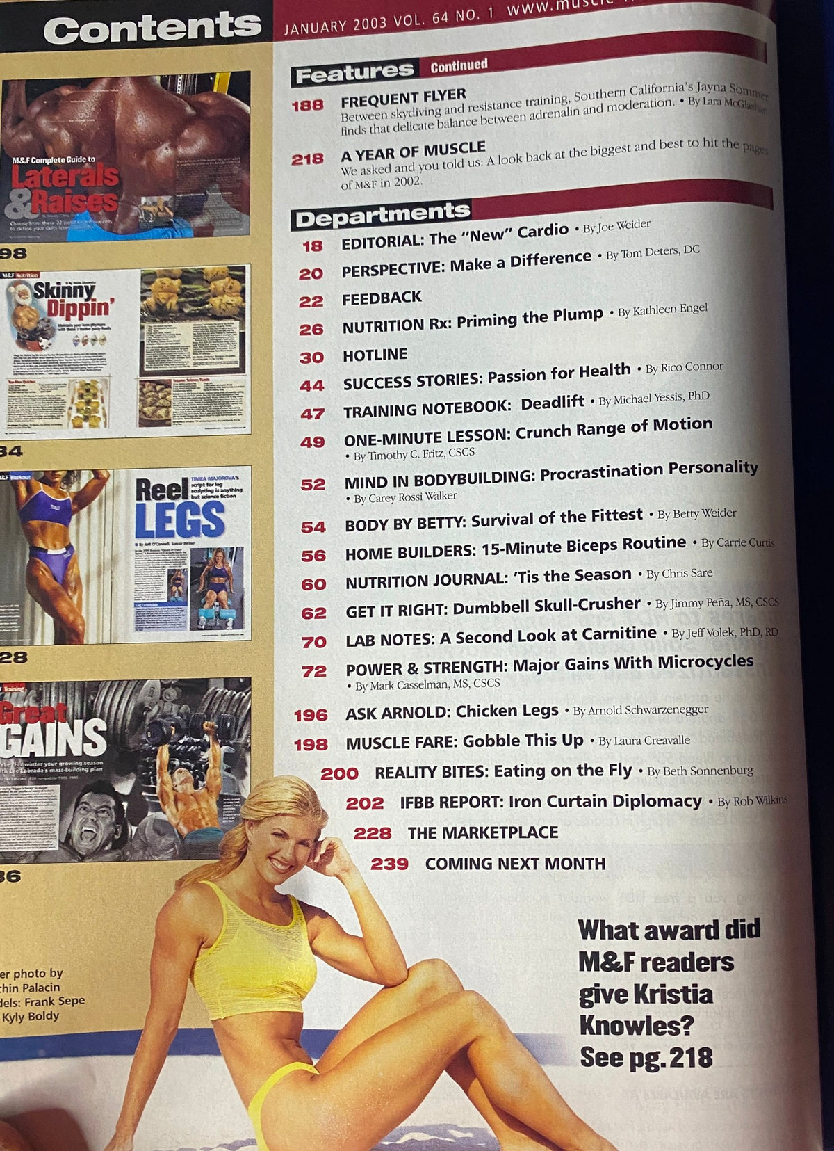 Continued contents page of Muscle & Fitness Magazine January 2003, featuring sections on editorial pieces and training tips with a focus on bodybuilding.