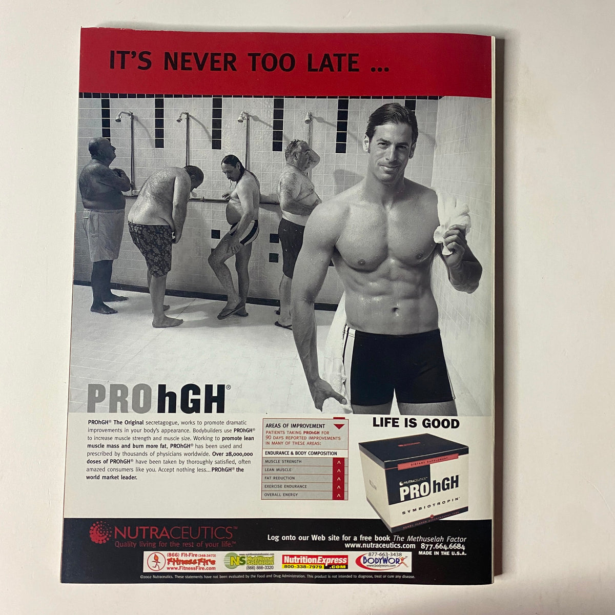 Back cover of Muscle & Fitness Magazine January 2003 featuring an advertisement for PRO hGH, promoting fitness and healthy lifestyle choices.