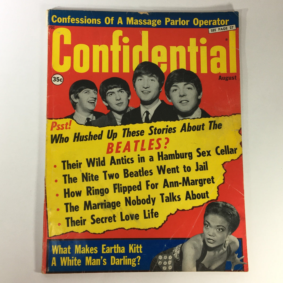 VTG Confidential Magazine August 1964 featuring The Beatles on the cover, showcasing iconic stories and bold headlines about their fame and personal lives.