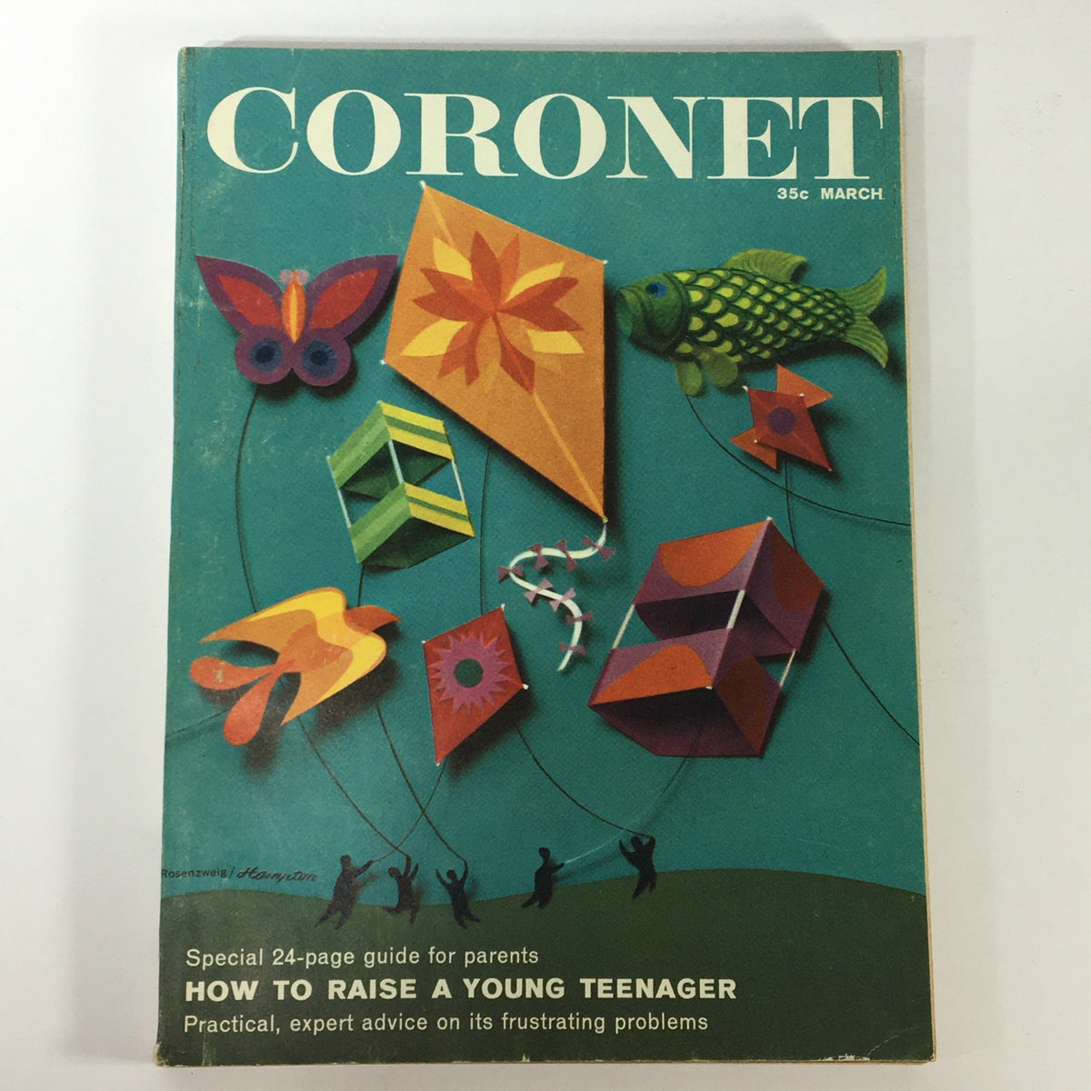 Cover of VTG Coronet Magazine March 1961 featuring colorful kites and geometric designs, titled 'How To Raise A Young Teenager'.
