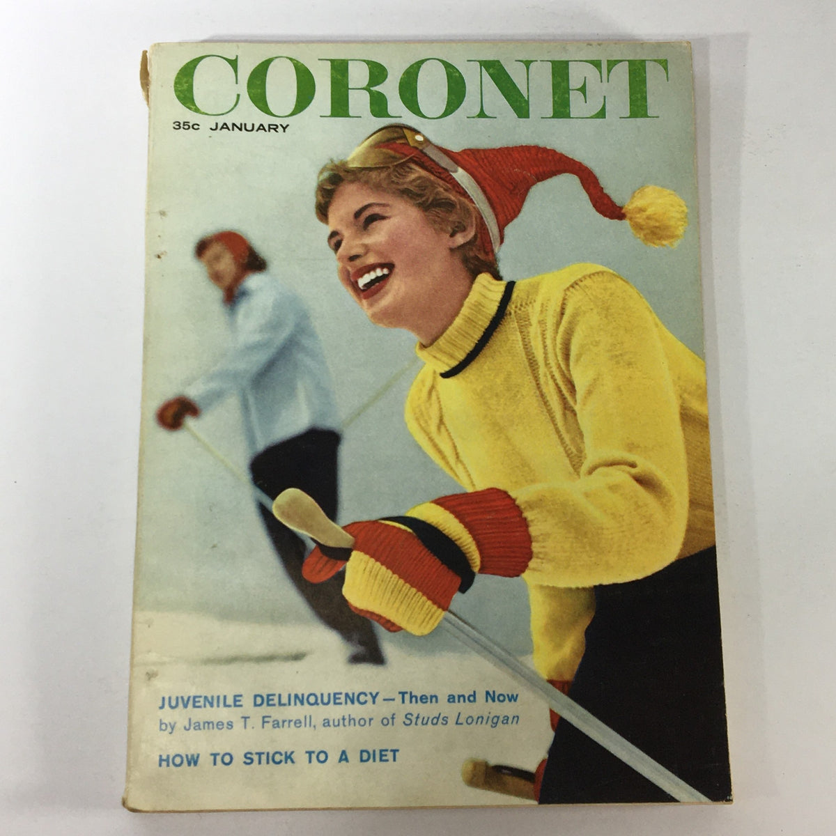 Cover of VTG Coronet Magazine January 1958 featuring a colorful ski-themed illustration with a smiling woman in a yellow sweater and a red hat. The issue focuses on juvenile delinquency, capturing the essence of 1950s culture.