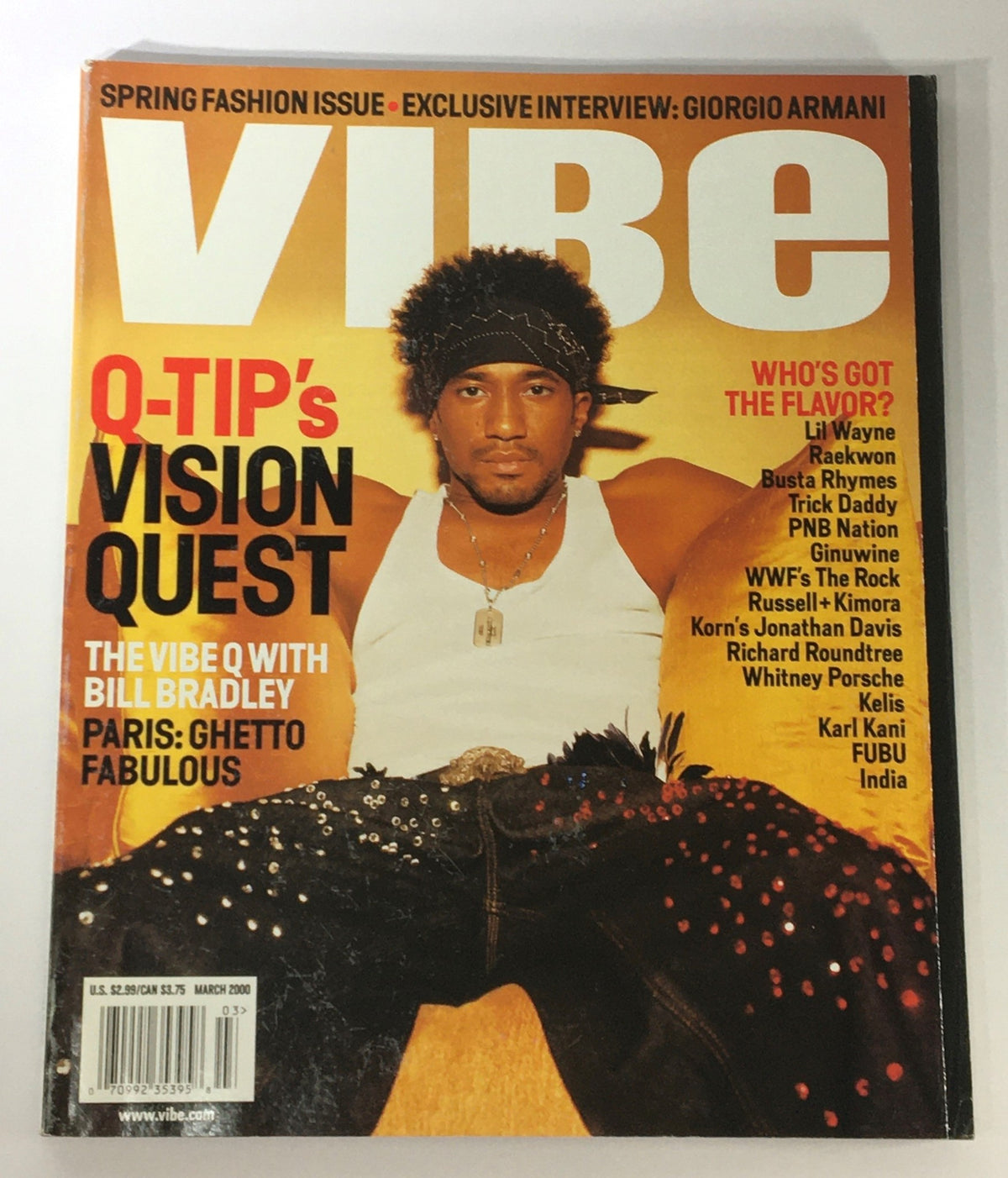 Vibe Magazine March 2000 cover featuring Q-Tip's Vision Quest with Bill Bradley, showcasing a blend of hip-hop culture and politics.