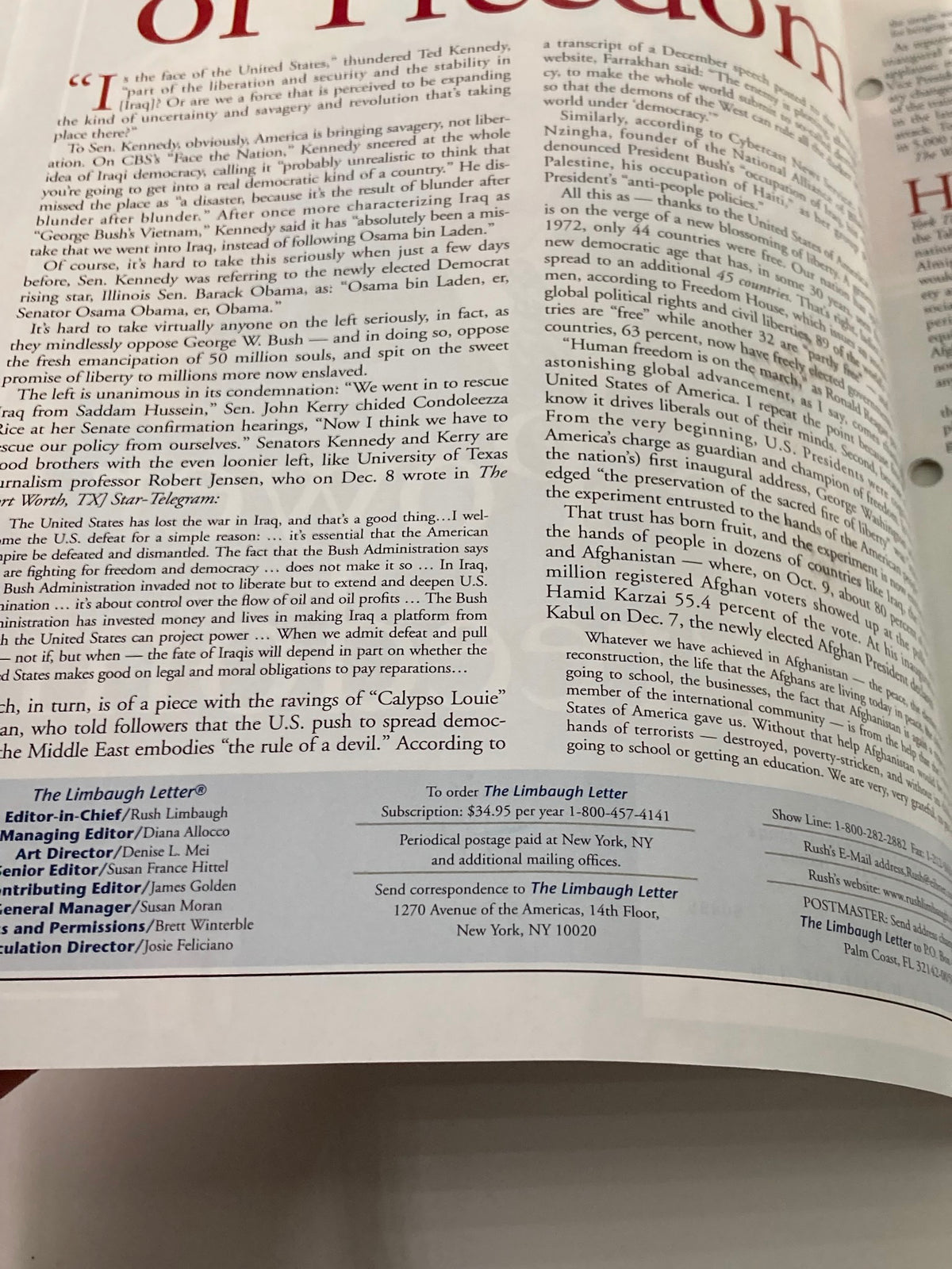 Inside spread of the Rush Limbaugh Letter Newsletter Magazine January 2005 displaying editorial details and subscription information.