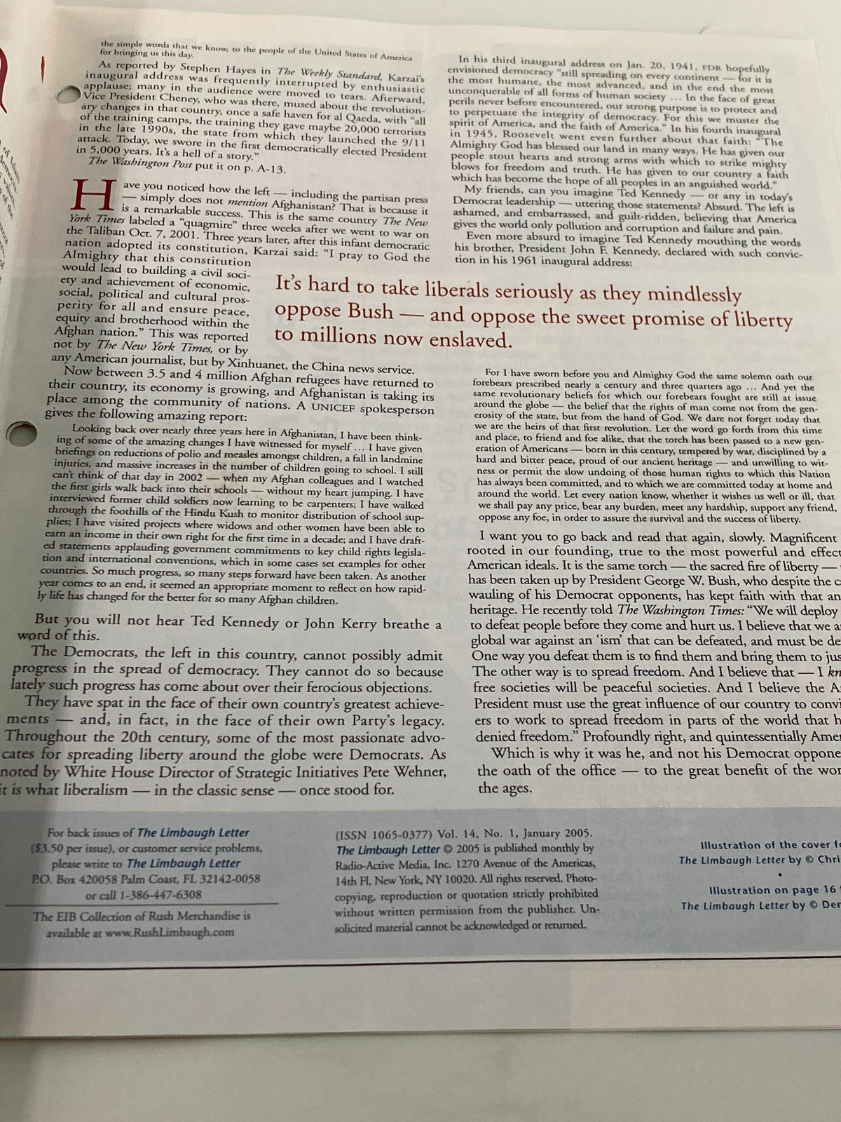Inside article from the Rush Limbaugh Letter Newsletter Magazine January 2005 discussing political commentary related to liberalism and freedom.