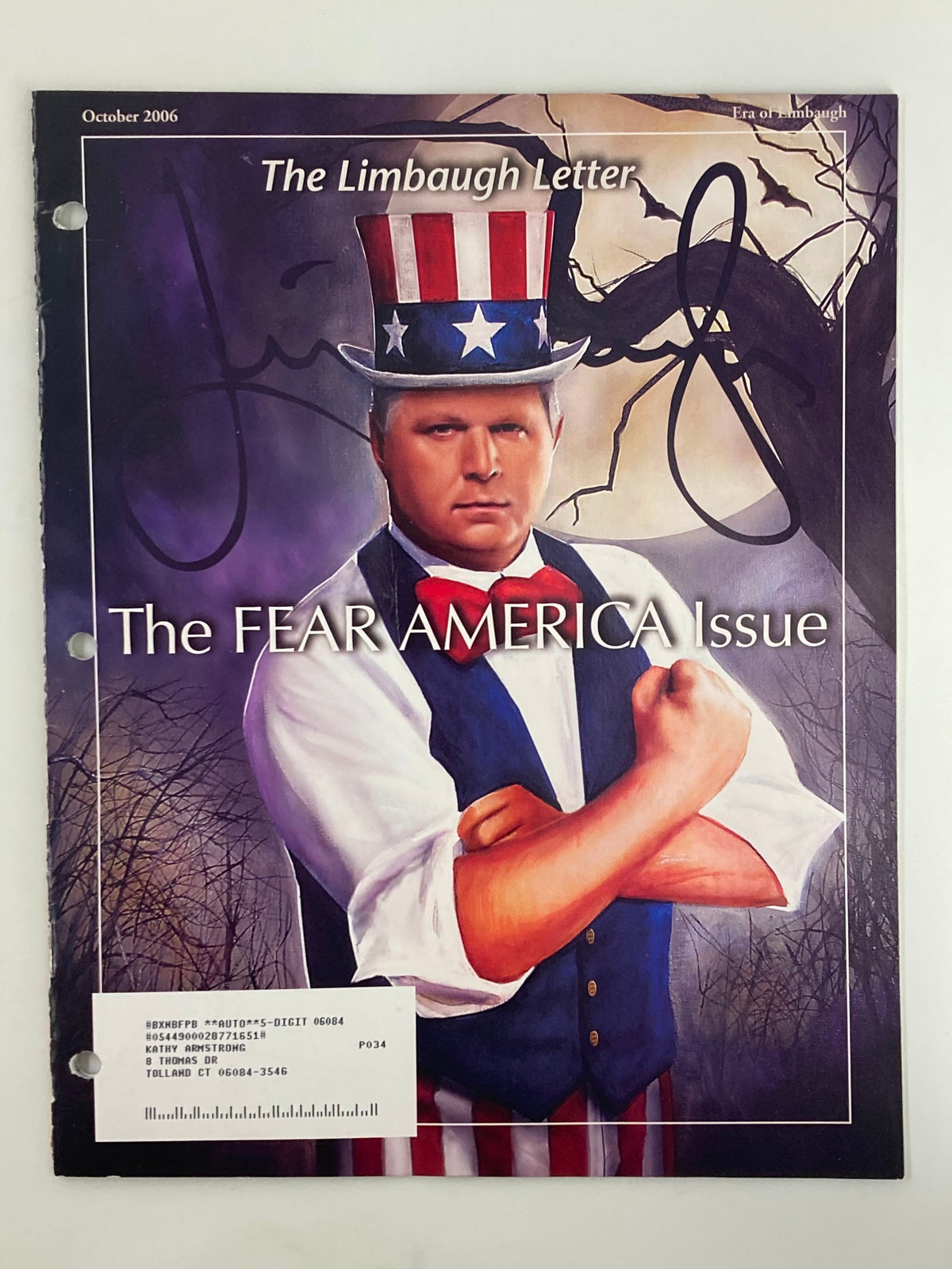 Rush Limbaugh Letter Newsletter Magazine October 2006 cover featuring a strong figure in a patriotic pose with the title 'The FEAR AMERICA Issue' showcasing themes of American power.