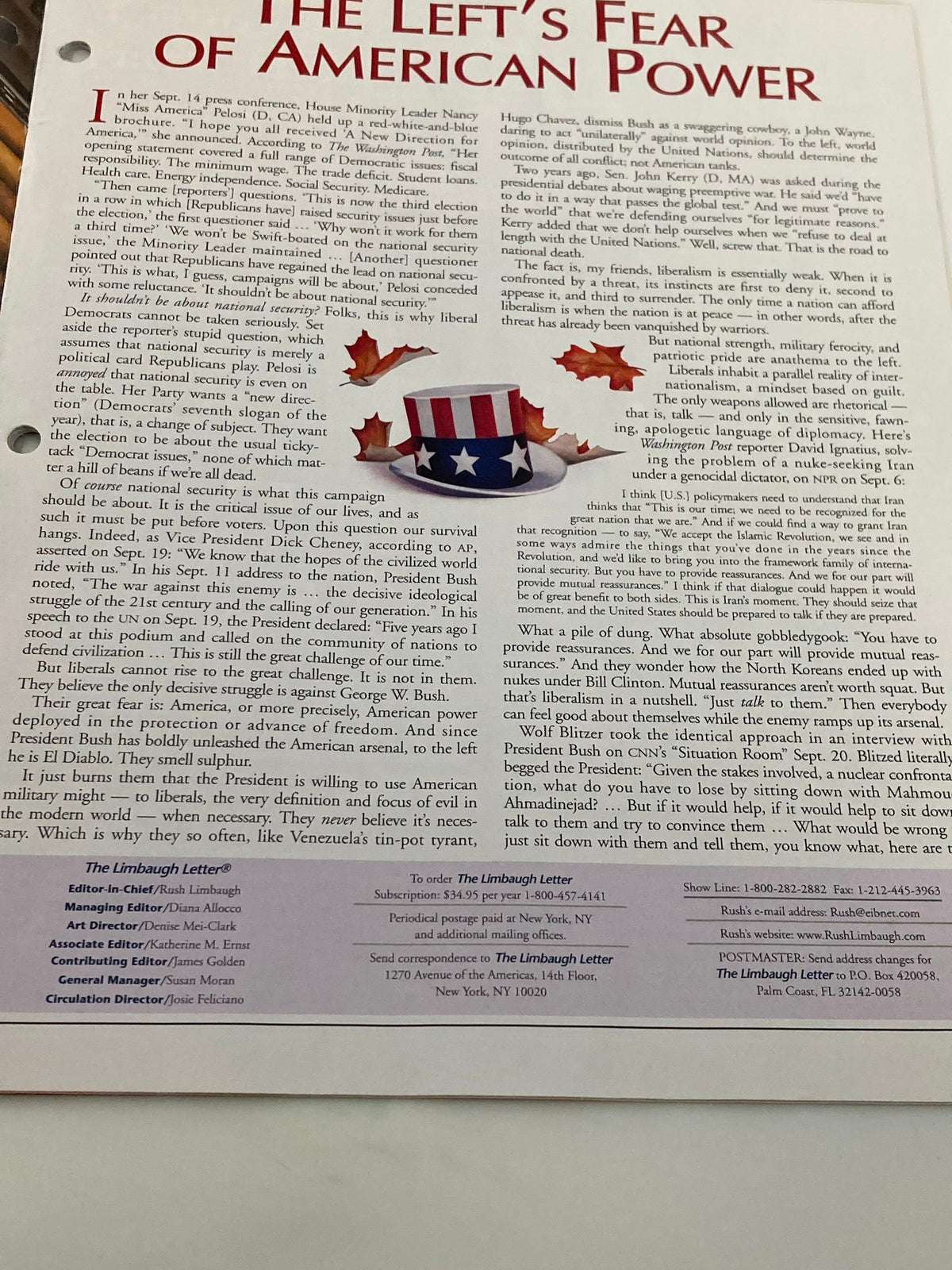Interior page of the Rush Limbaugh Letter Newsletter Magazine October 2006 discussing 'The Left's Fear of American Power,' providing political commentary and analysis.