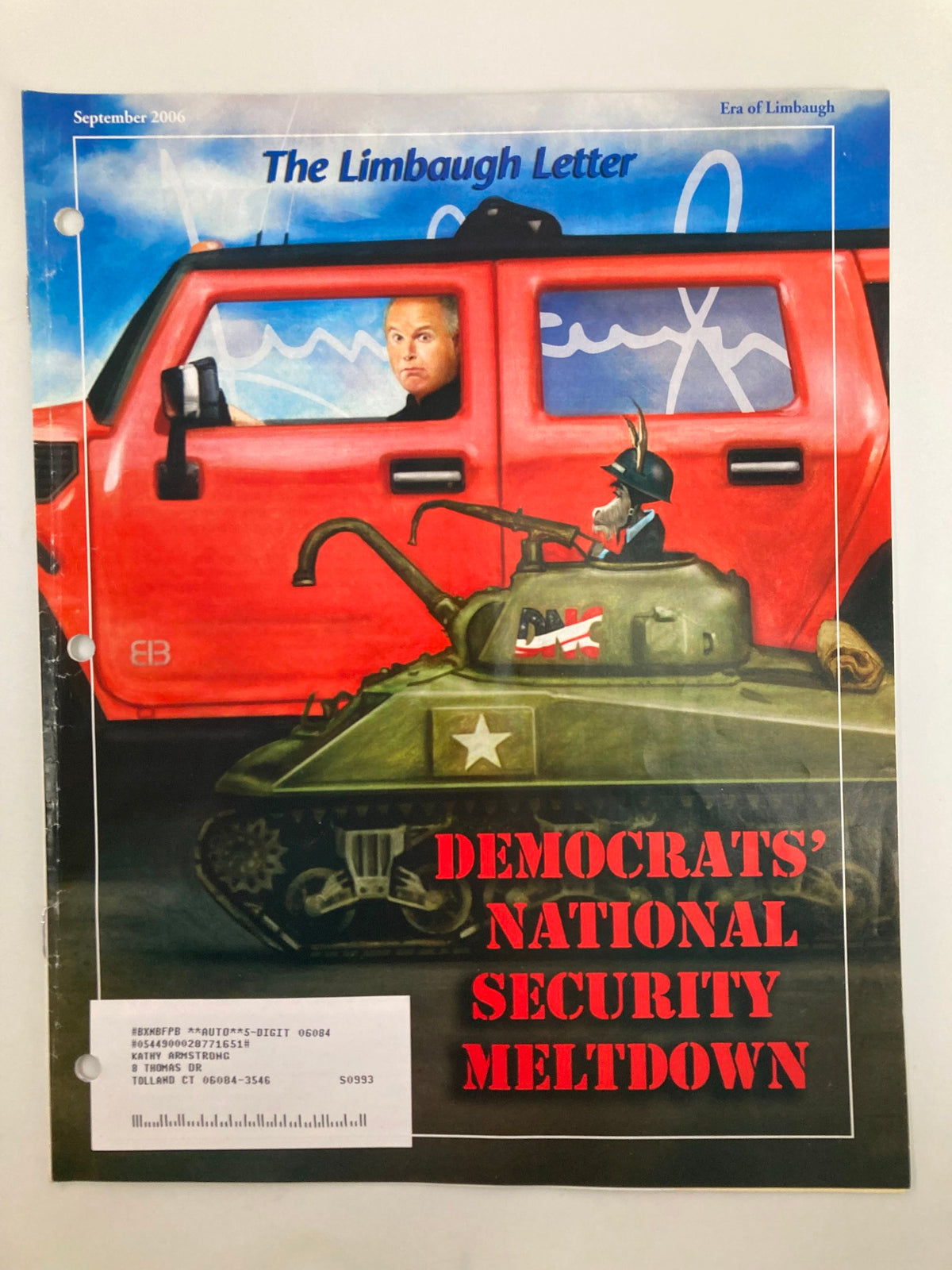 Rush Limbaugh Letter Newsletter September 2006 cover featuring a colorful illustration, depicting a red Hummer and a tank, with the headline 'Democrats' National Security Meltdown'.