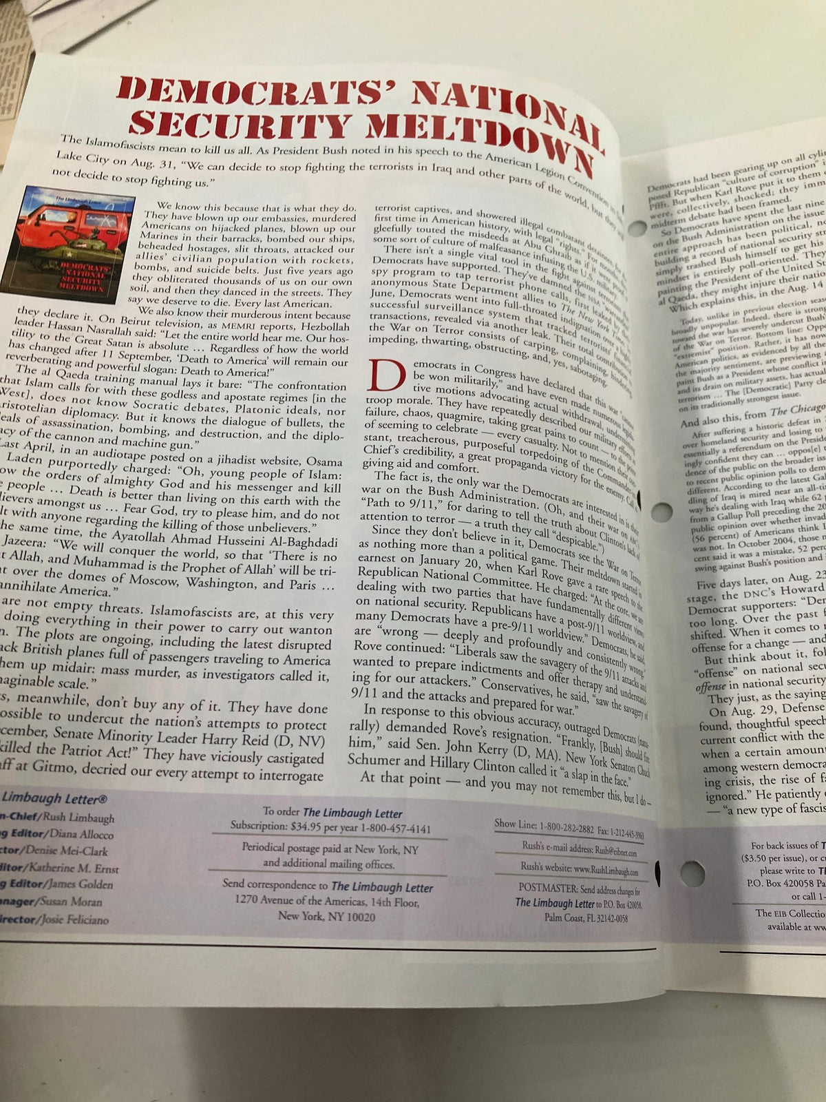 Interior page of the Rush Limbaugh Letter Newsletter September 2006 discussing Democrats' National Security Meltdown with detailed commentary.