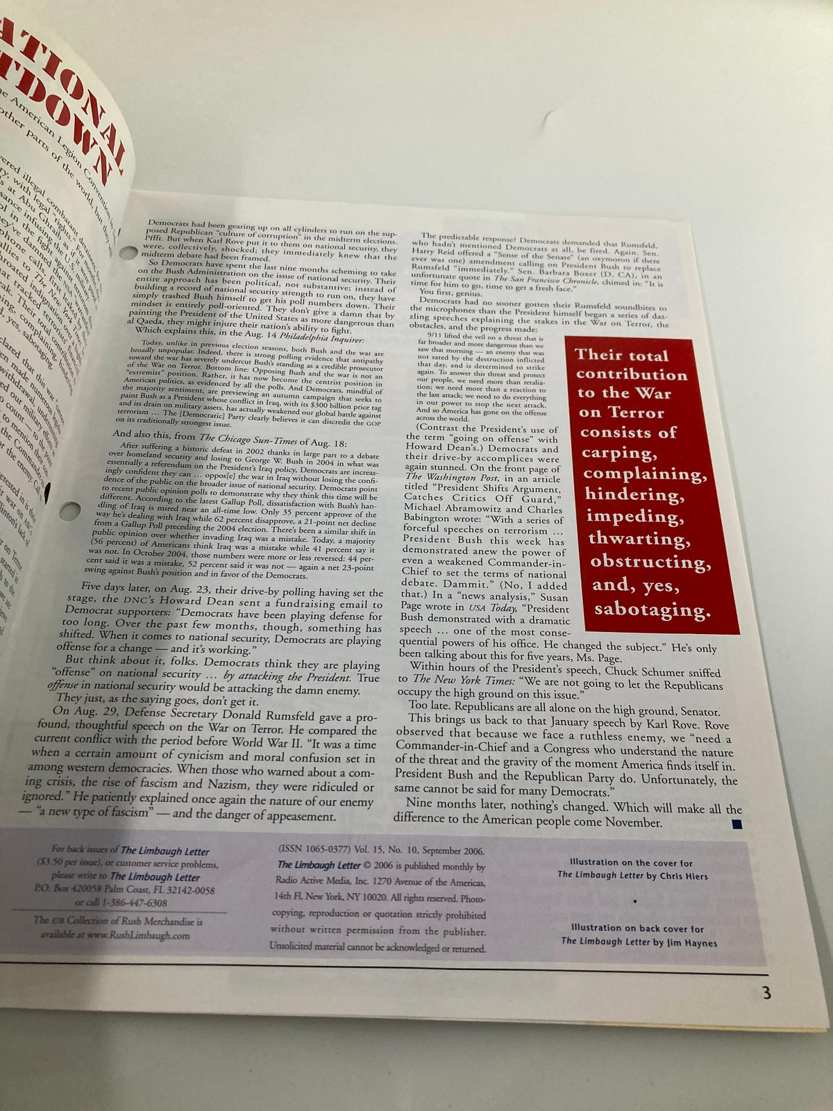 Another interior page of the Rush Limbaugh Letter Newsletter September 2006 emphasizing America’s War on Terror and political responses.