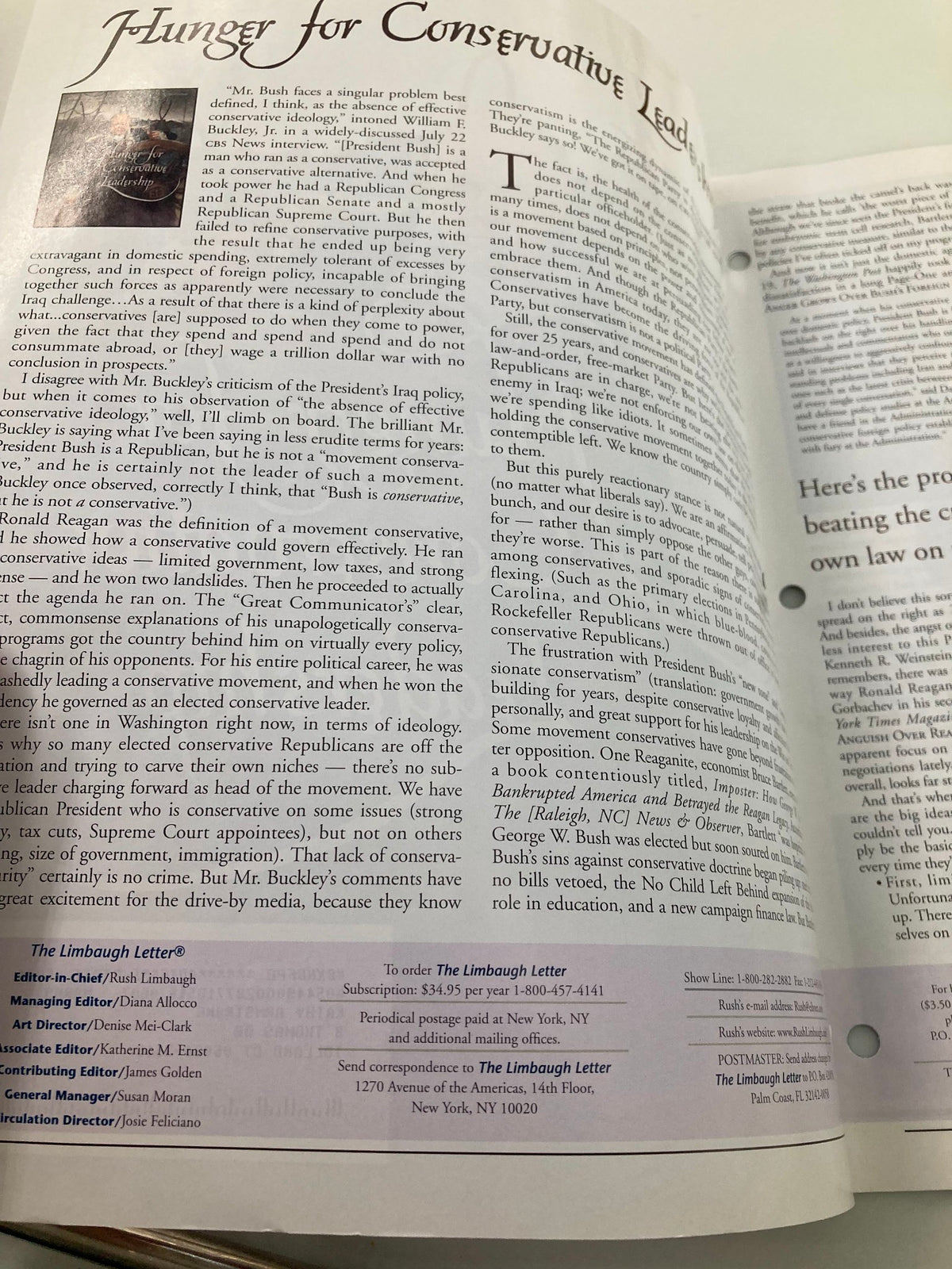 Rush Limbaugh Letter Newsletter July 2006 - Inside page discussing conservative leadership, featuring political commentary and analysis.