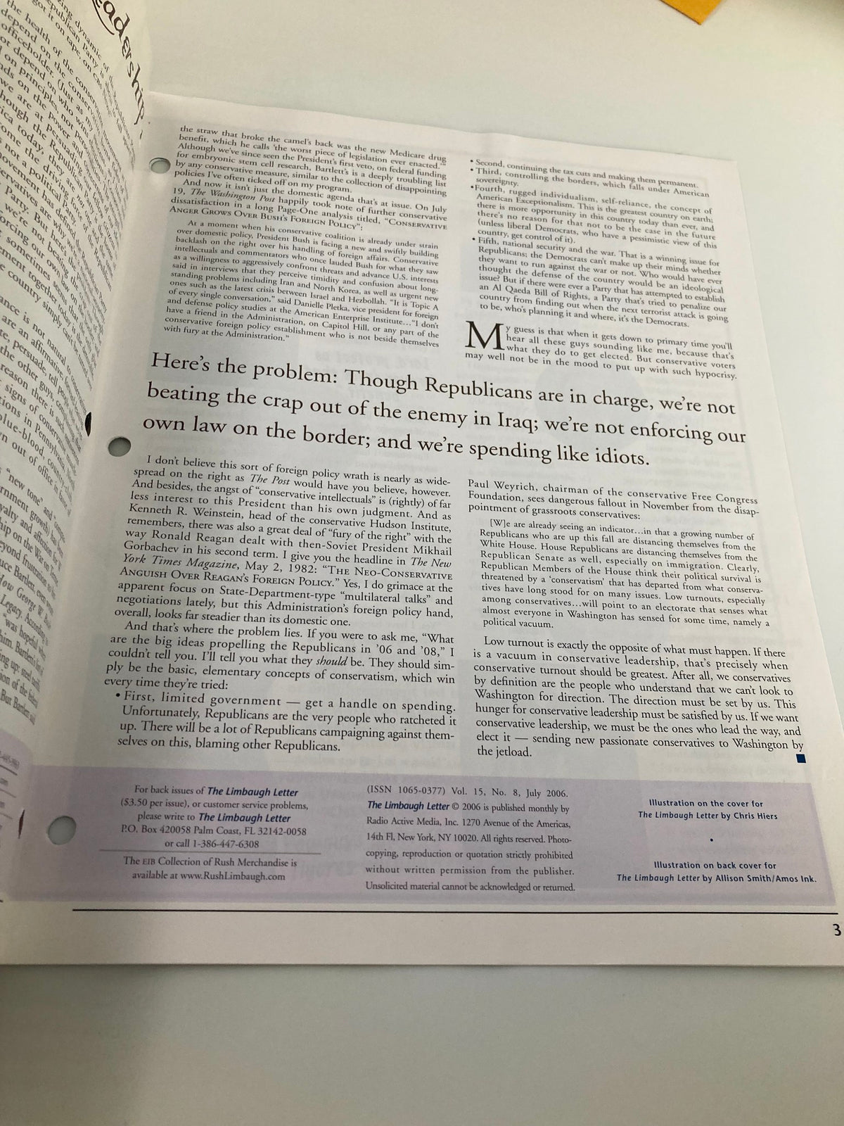 Rush Limbaugh Letter Newsletter July 2006 - Another inside page highlighting issues concerning Republican strategies and governance.