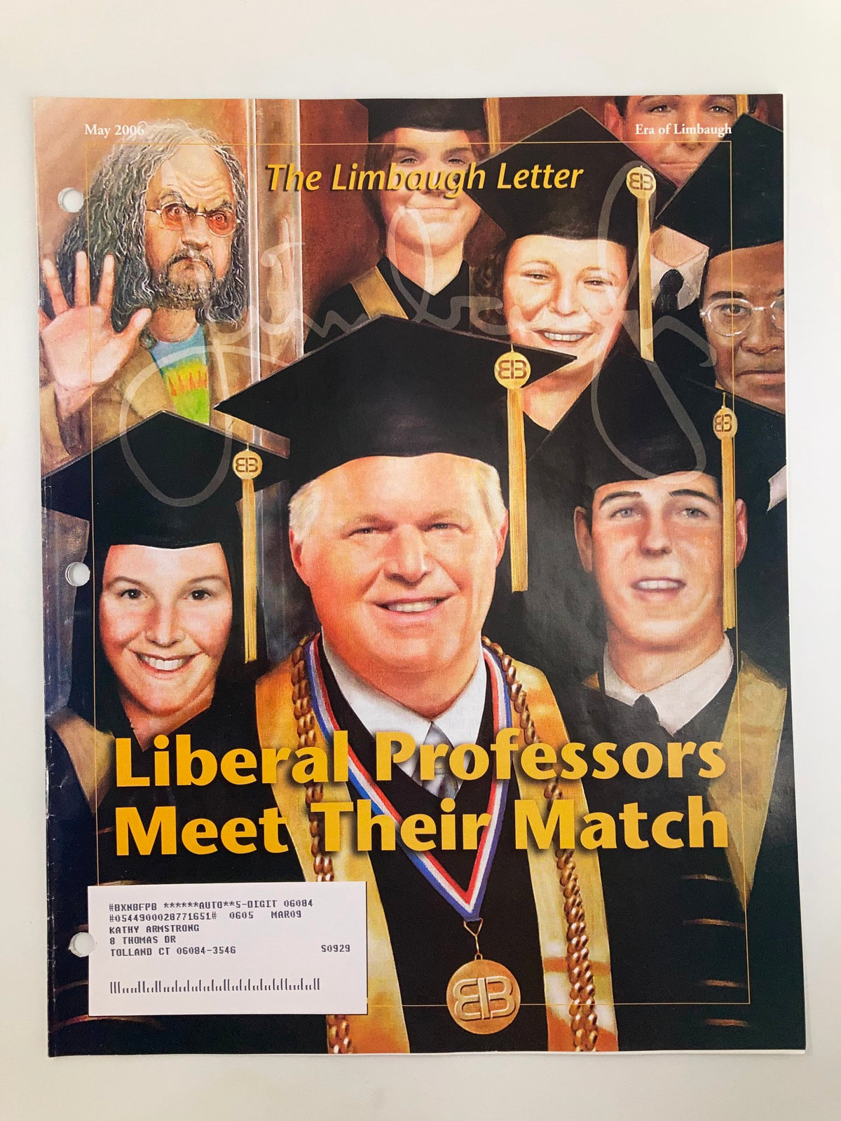 Cover of Rush Limbaugh Letter Newsletter May 2006 titled 'Liberal Professors Meet Their Match', featuring illustrations of Rush Limbaugh and various academic figures.