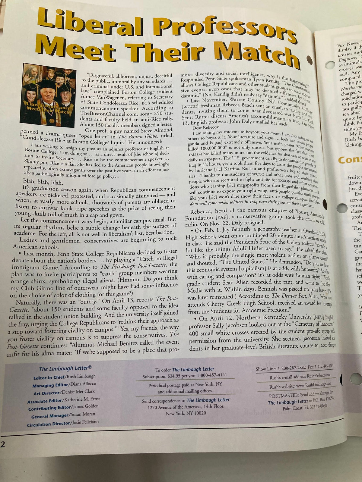 Inside page of the Rush Limbaugh Letter Newsletter May 2006, showcasing an article titled 'Liberal Professors Meet Their Match', with text discussing political debates and academic discussions.