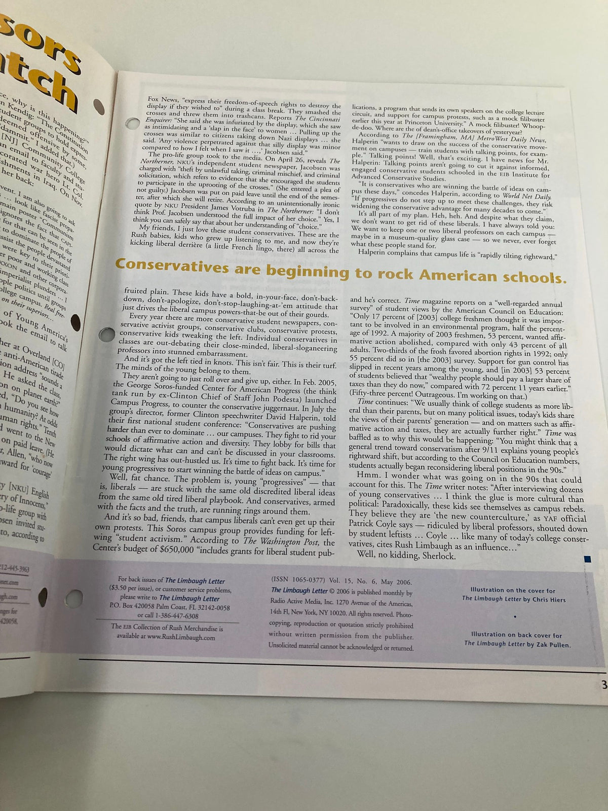 Interior page of the Rush Limbaugh Letter Newsletter from May 2006 titled 'Liberal Professor Meet Their Match', featuring an article discussing the influence of conservative perspectives in American schools.