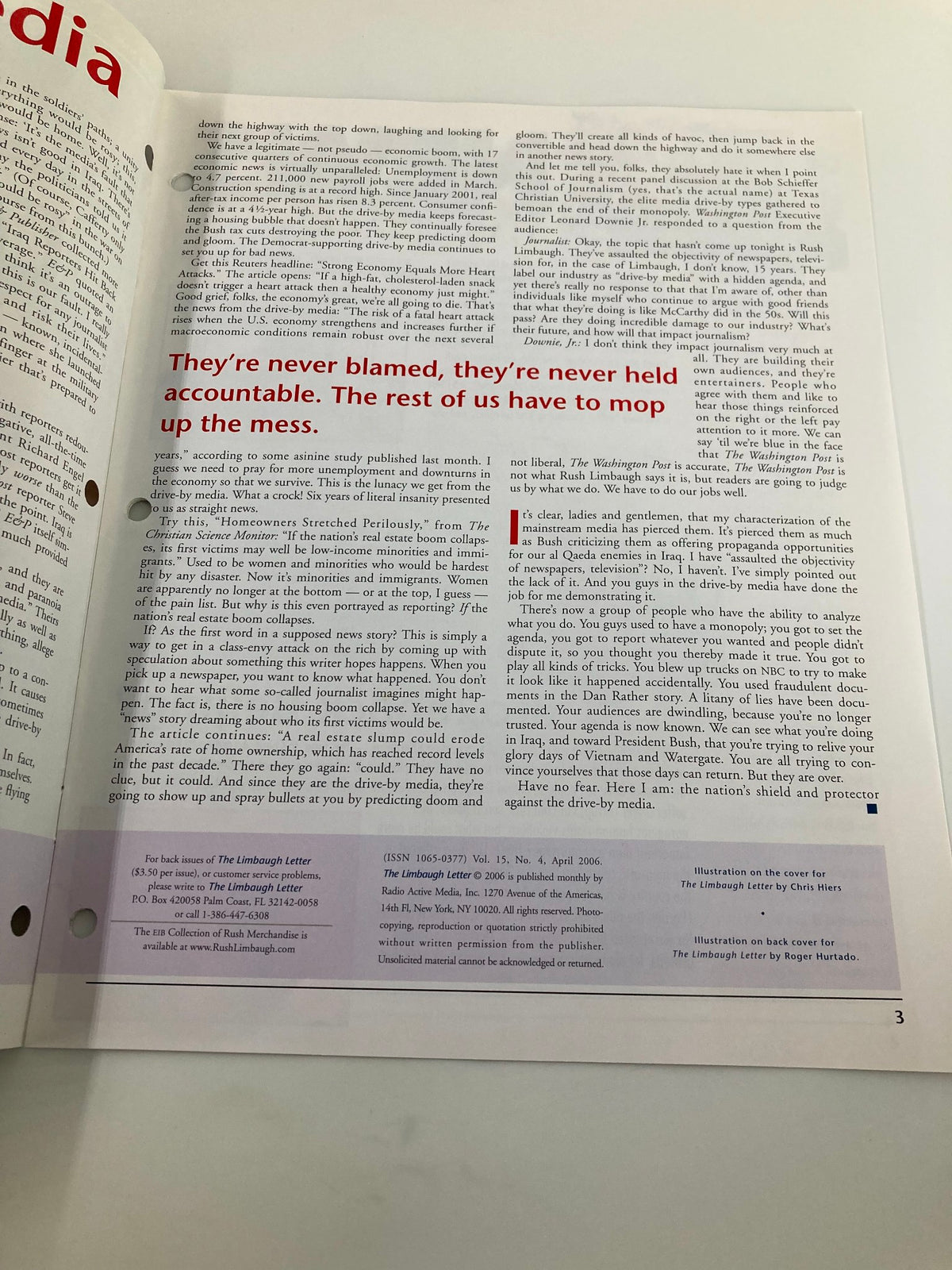 Interior page of the Rush Limbaugh Letters Newsletter Magazine April 2006, featuring political commentary and discussion on the media's accountability, highlighting Rush Limbaugh's perspectives on contemporary issues.