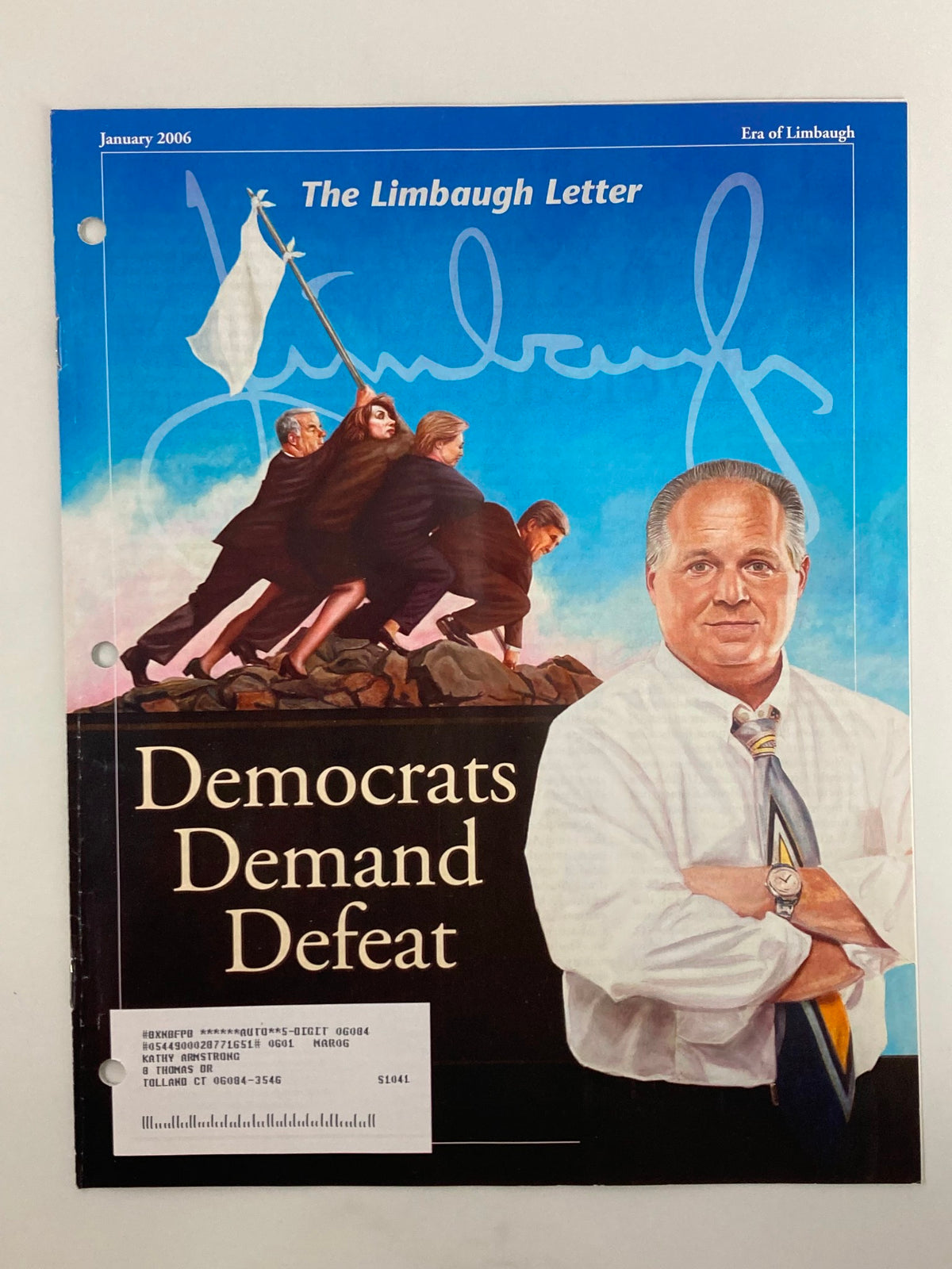 Rush Limbaugh Letter Newsletter Magazine January 2006 titled 'Democrats Demand Defeat', featuring an illustration of a group of people climbing a mountain with Rush Limbaugh in prominence on the cover.