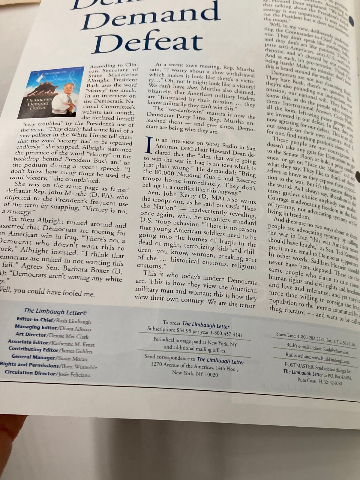 Interior page of the Rush Limbaugh Letter Newsletter Magazine January 2006, including an article discussing the political climate and references to prominent political figures.
