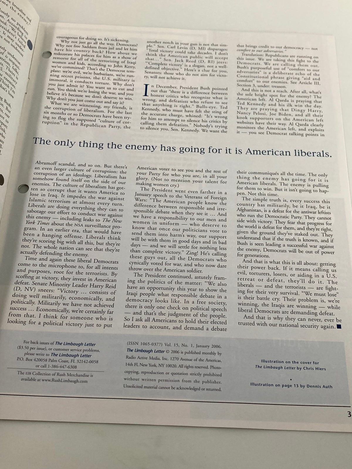 Interior page from the Rush Limbaugh Letter Newsletter Magazine January 2006 titled 'Democrats Demand Defeat'. The page features political commentary and insights reflecting the mid-2000s political landscape.