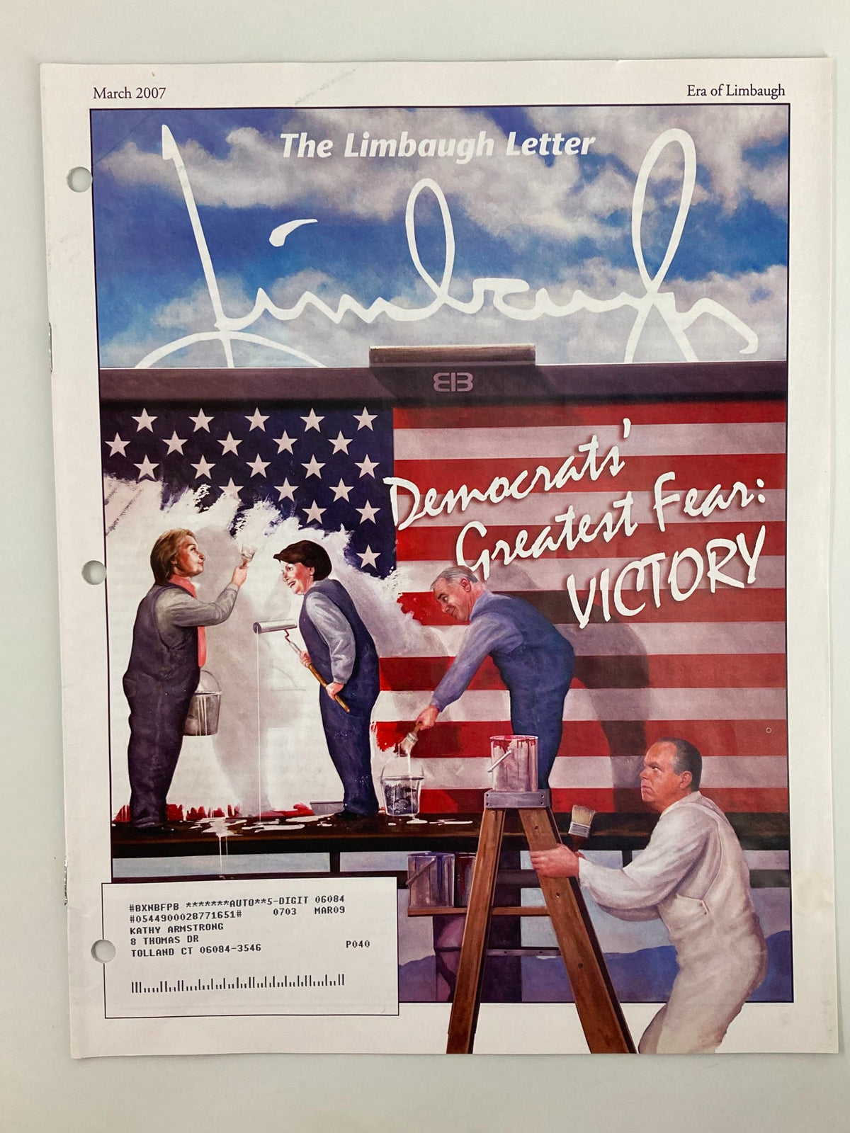 Cover of the Rush Limbaugh Letter Newsletter Magazine March 2007 featuring the cover story "Democrats' Greatest Fear: VICTORY" with an artistic depiction related to U.S. politics.