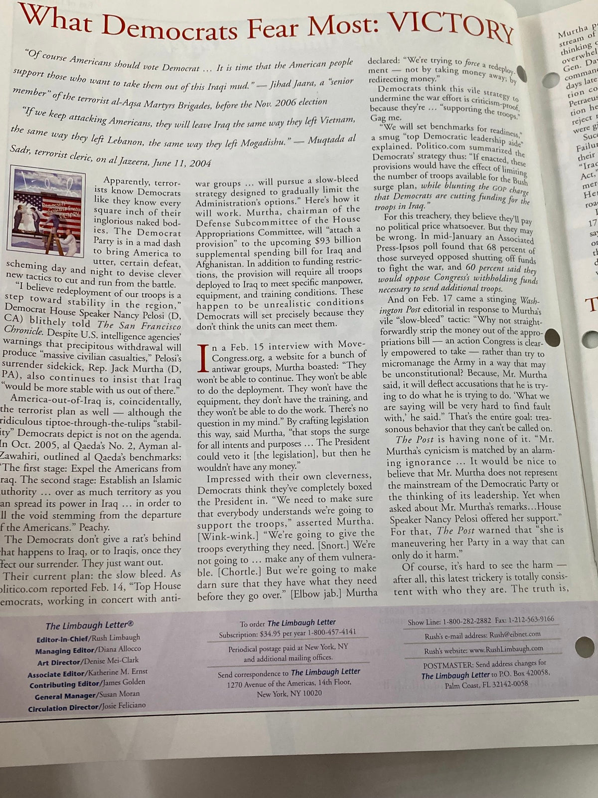 Inside page of the Rush Limbaugh Letter Magazine March 2007 titled "What Democrats Fear Most: VICTORY" discussing political sentiments and insights from the era.
