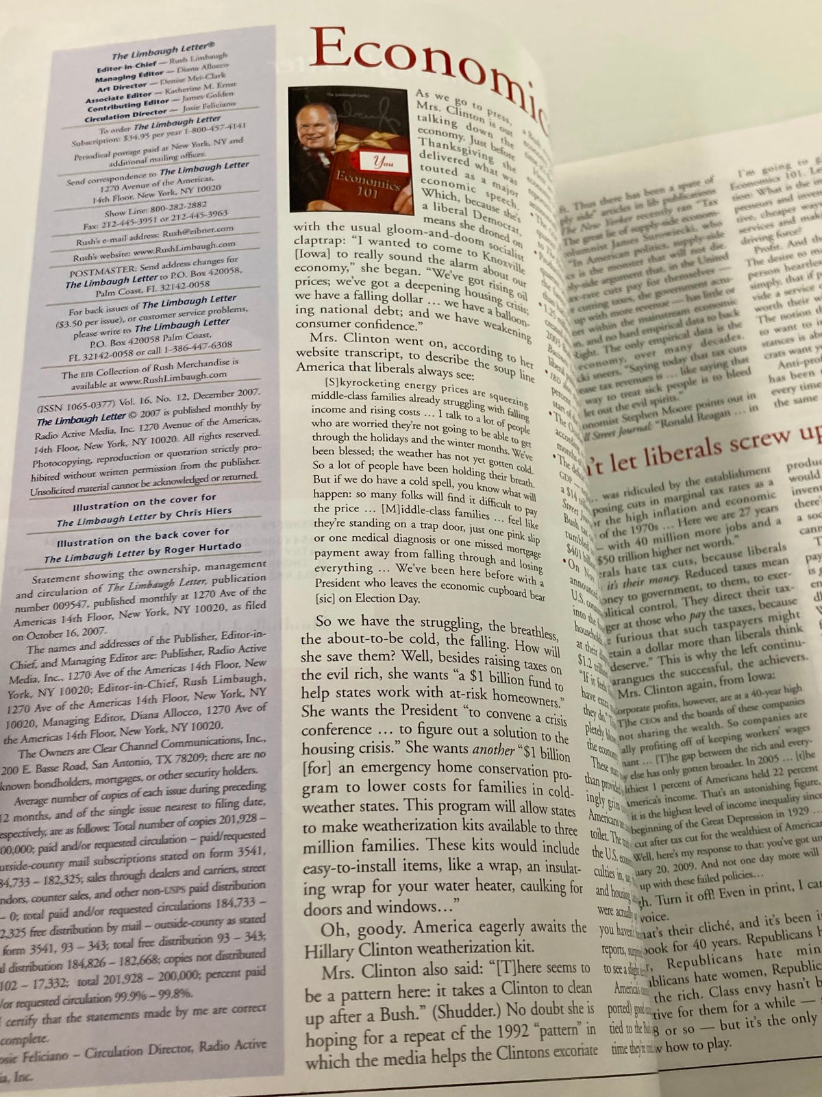 Interior page of the December 2007 Rush Limbaugh Letter Newsletter Magazine displaying commentary on economic issues and featuring an article titled 'Let Liberals Screw Up'.