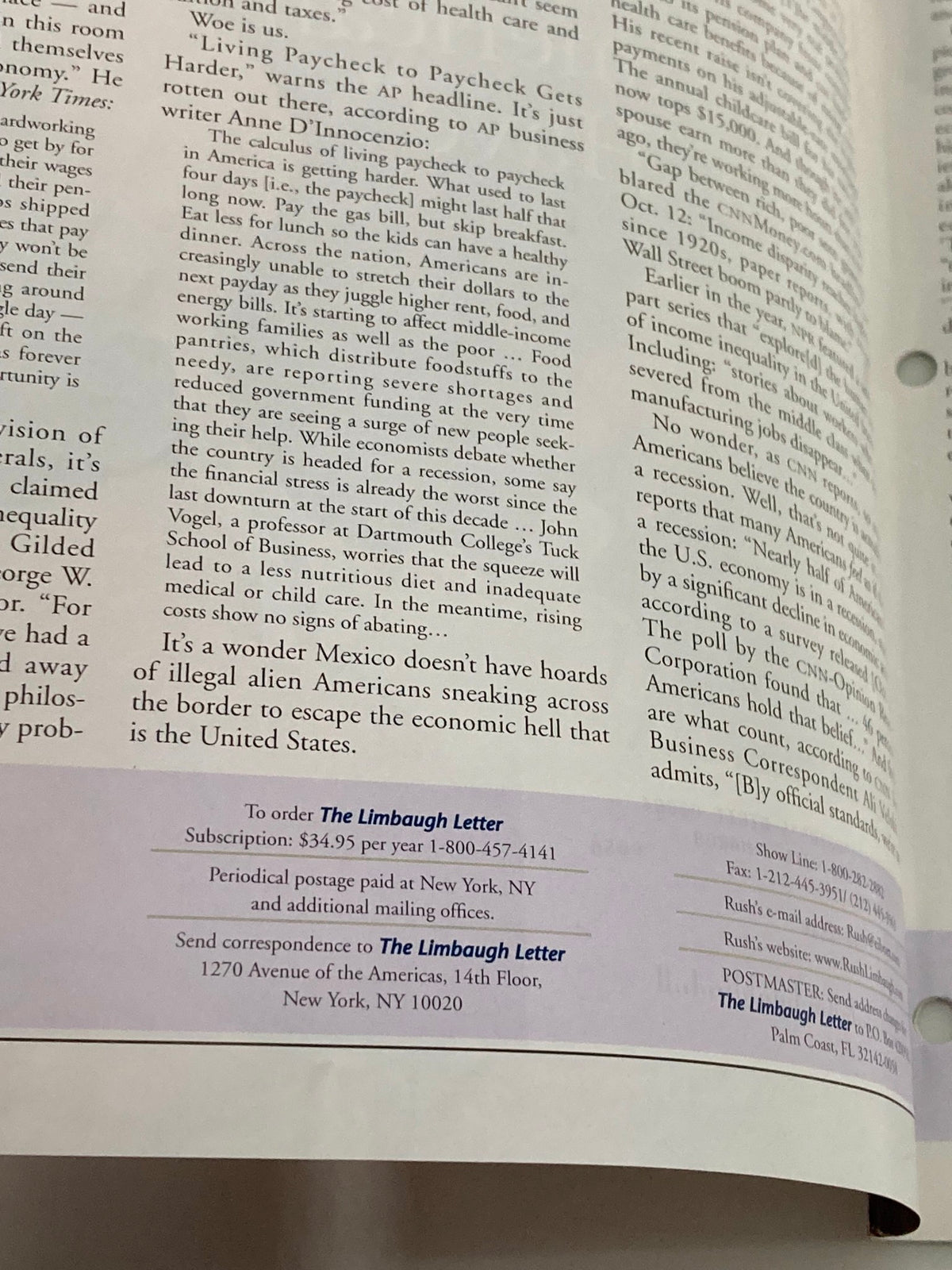 Inside page of the Rush Limbaugh Letter Newsletter Magazine, November 2007, with subscription details and information on ordering. A significant resource for political commentary during that time.
