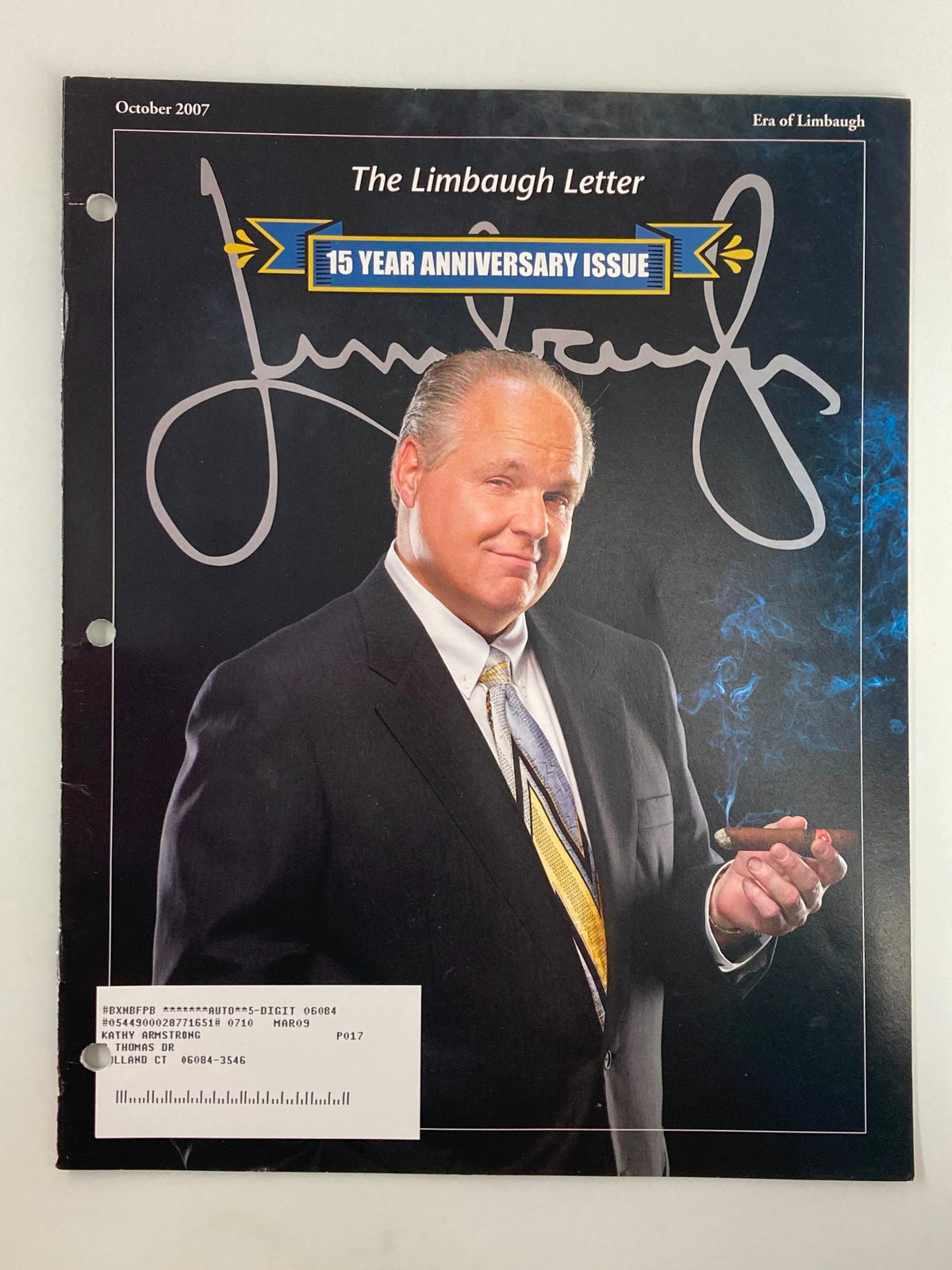 Cover of the Rush Limbaugh Letter Newsletter Magazine - October 2007 featuring Rush Limbaugh with a cigar, celebrating the 15 Year Anniversary Issue.