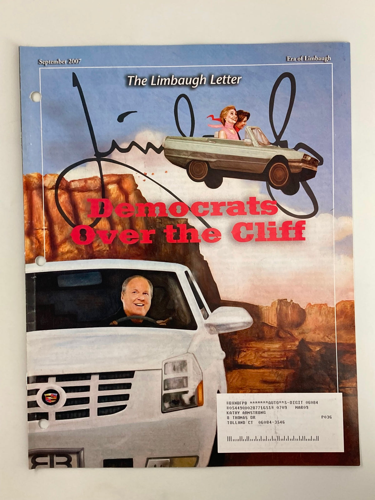 Rush Limbaugh Letter Newsletter Magazine September 2007 featuring a cover illustration of Rush Limbaugh in a car with the text 'Democrats Over the Cliff', capturing the essence of conservative commentary from that era.