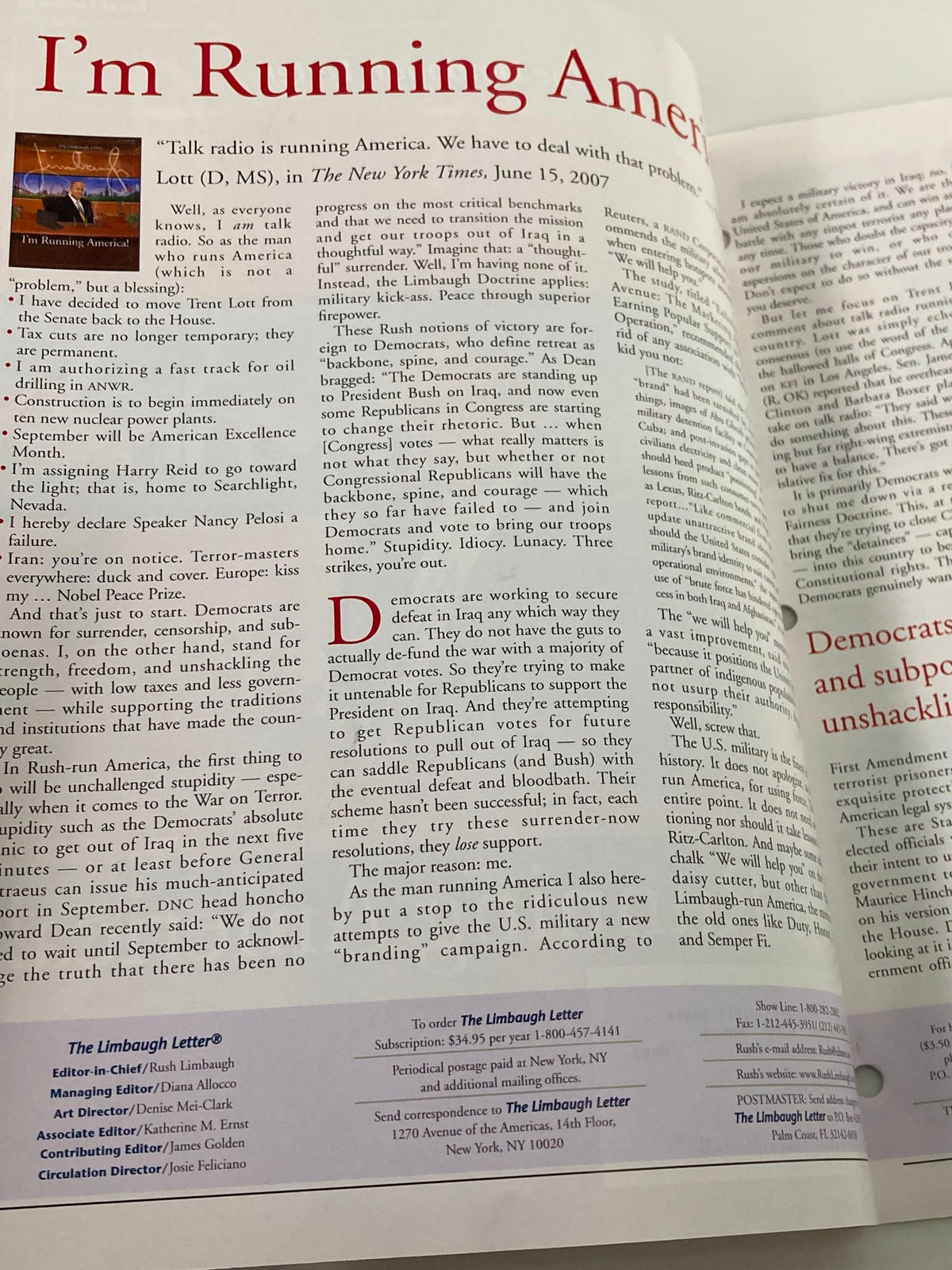 Interior page of the August 2007 Rush Limbaugh Letter Newsletter titled 'I'm Running America!' showcasing political commentary by Rush Limbaugh.