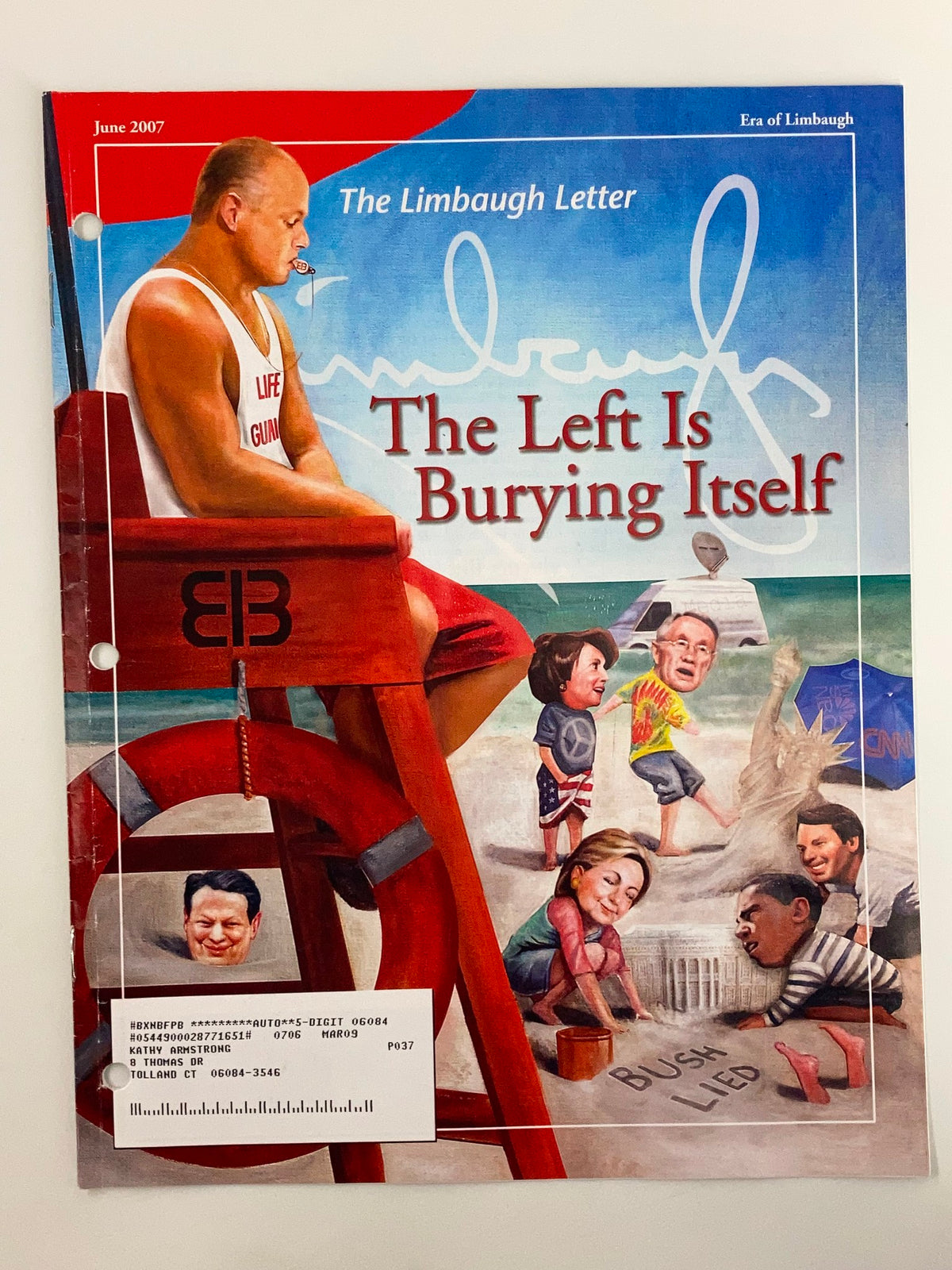 Rush Limbaugh Letter Newsletter Magazine June 2007 cover featuring the title 'The Left Is Burying Itself' with a colorful illustration and a lifeguard design.