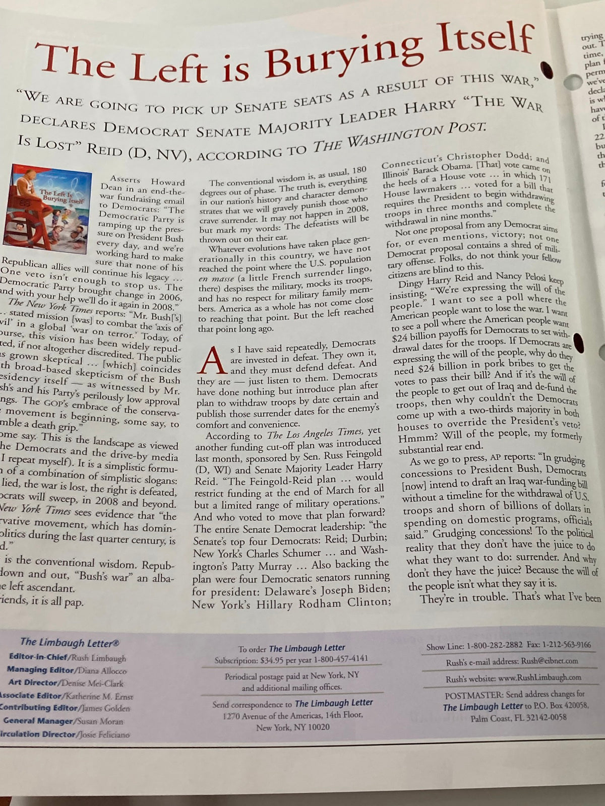 Interior page of the Rush Limbaugh Letter Newsletter Magazine June 2007, featuring an article titled 'The Left is Burying Itself' with significant commentary on political issues.