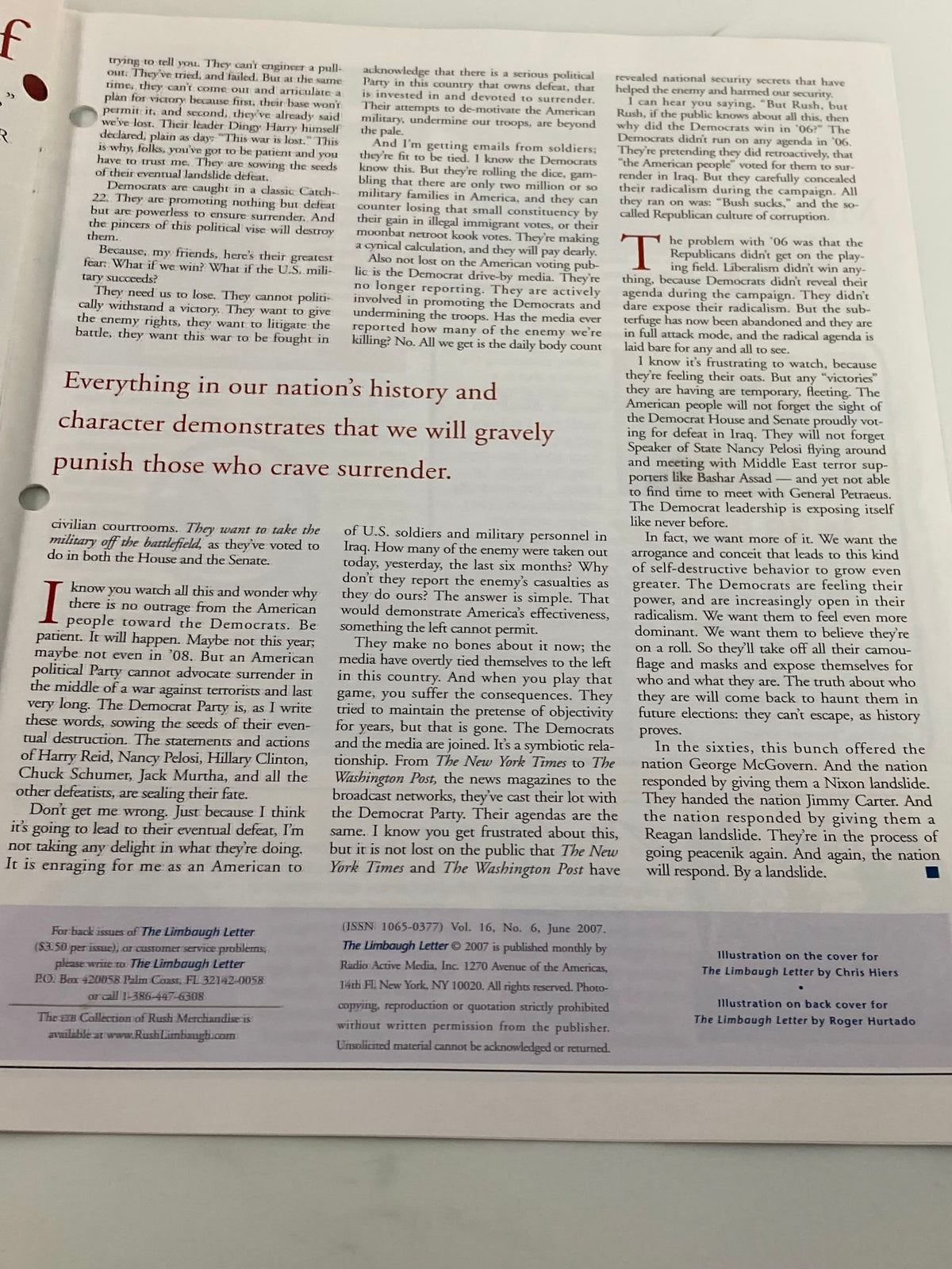 Another interior page of the Rush Limbaugh Letter Newsletter Magazine June 2007 discussing historical political insights and perspectives on American governance.