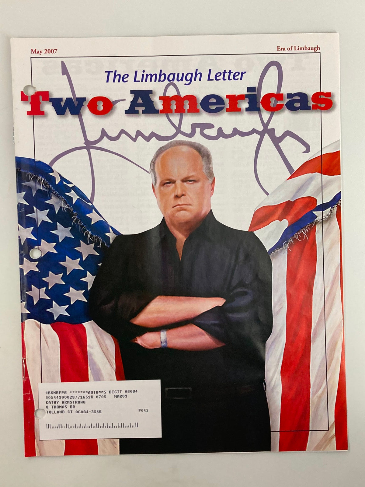 Cover of Rush Limbaugh Letter Magazine May 2007 featuring Rush Limbaugh against a backdrop of the American flag with the title 'Two Americas'.