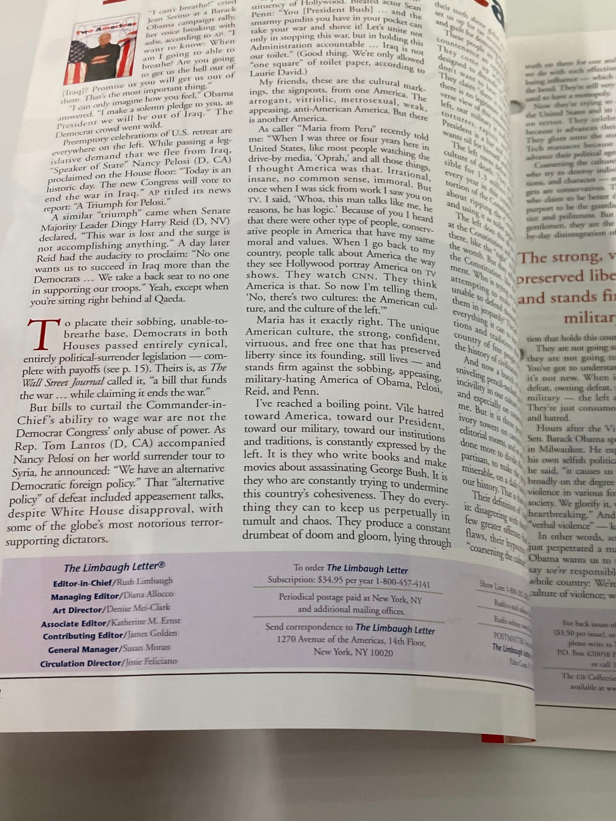 Interior page of Rush Limbaugh Letter Magazine May 2007 highlighting an article from the newsletter with commentary on American politics.