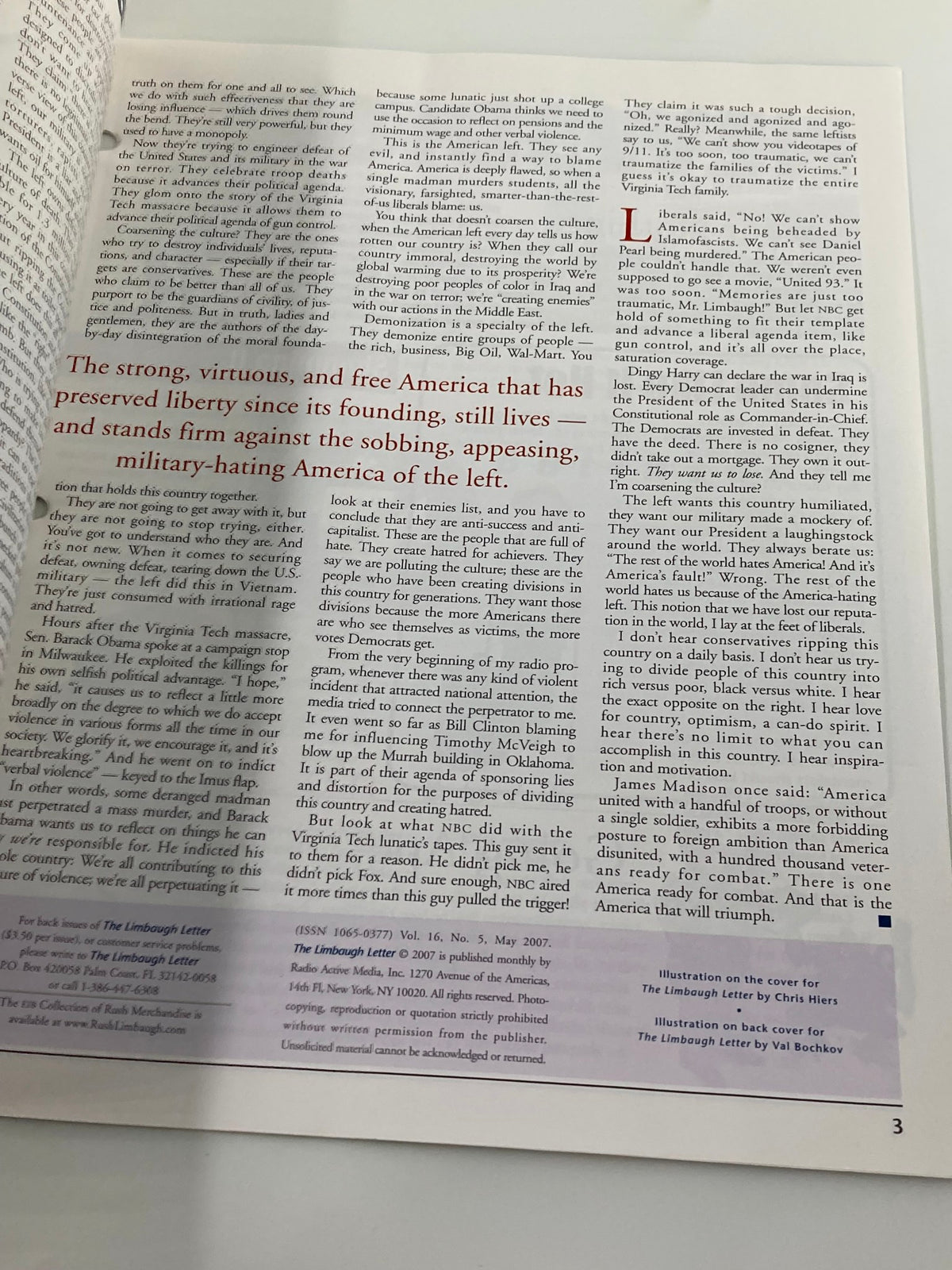 Another interior page of Rush Limbaugh Letter Magazine May 2007 featuring an article with commentary on American values and military presence.