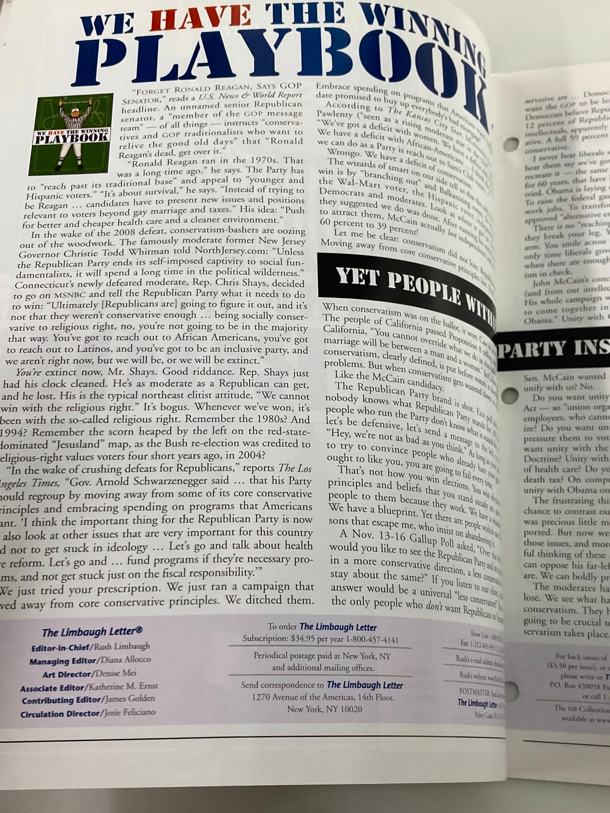 Interior page of Rush Limbaugh Letter Newsletter December 2008 discussing political commentary with the header 'We Have The Winning Playbook'.