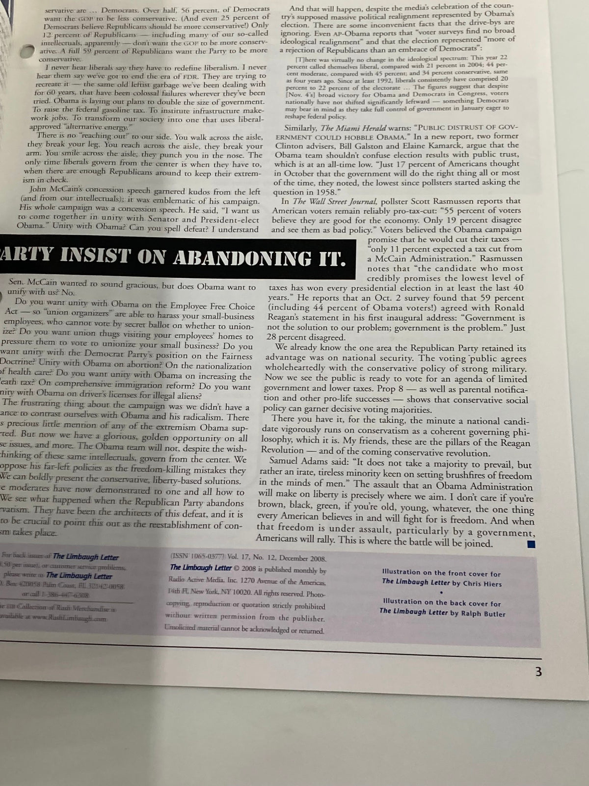 Another interior page of Rush Limbaugh Letter Newsletter December 2008 showing political commentary and insights with the title featured prominently.