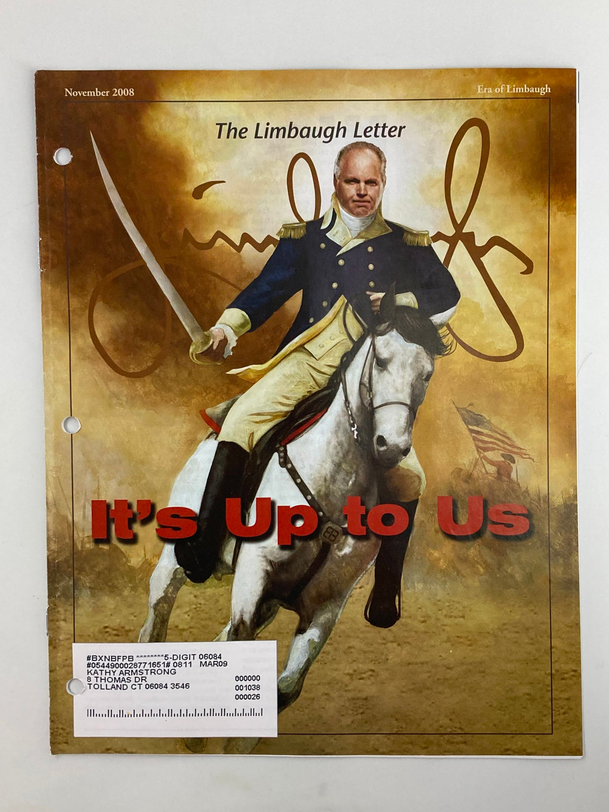 Rush Limbaugh Letter Newsletter Magazine November 2008 featuring iconic cover art with Limbaugh on horseback, titled 'It's Up to Us', reflecting on the Era of Big Government.
