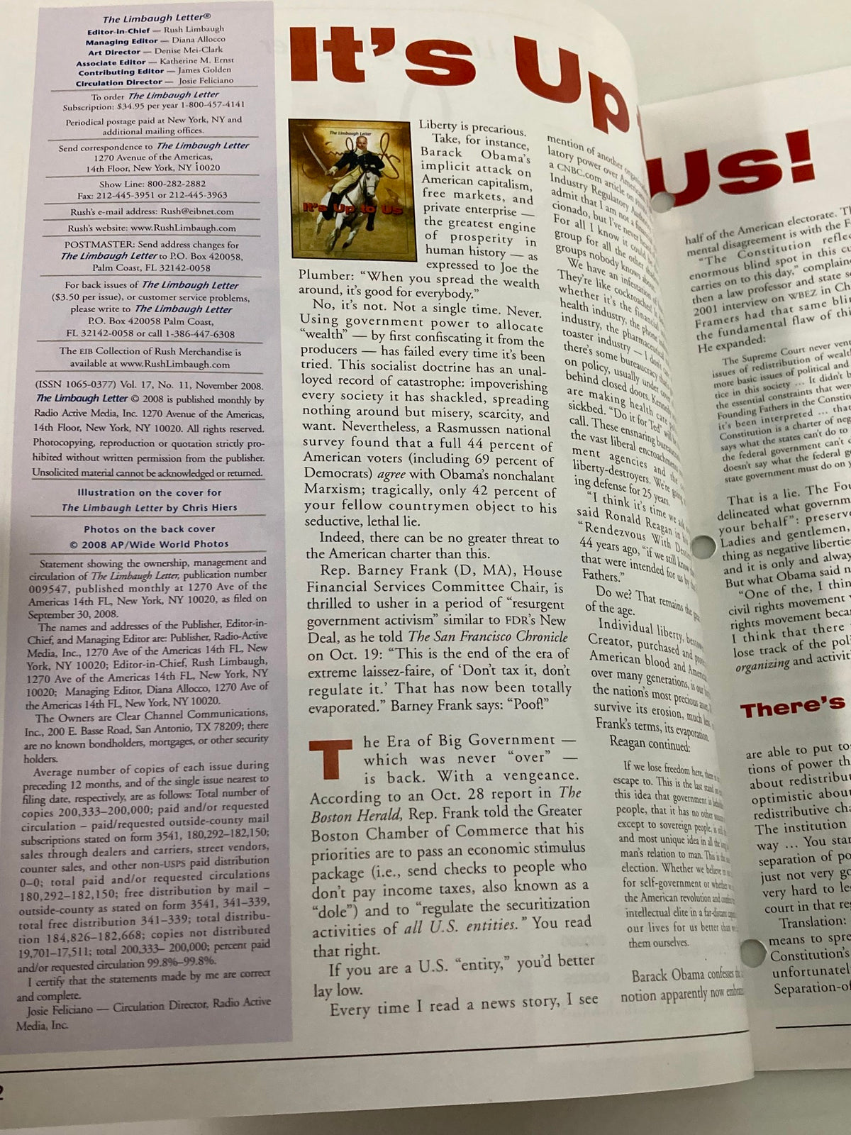 Inside page of the Rush Limbaugh Letter Newsletter Magazine November 2008 displaying the article 'It's Up to Us', highlighting key discussions from the era of big government.