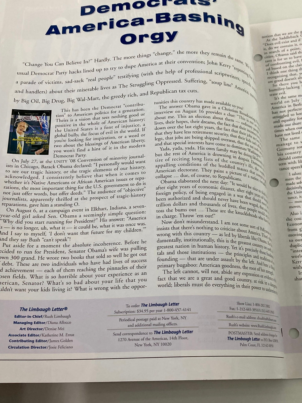Interior page of the Rush Limbaugh Letter Newsletter September 2008 titled 'Democrats America-Bashing Orgy' discussing political themes and controversies during the era.