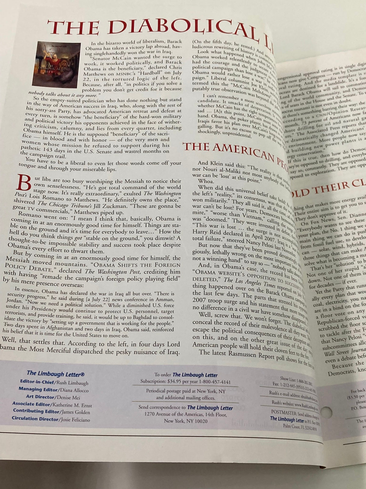 Interior page of the Rush Limbaugh Letter Newsletter Magazine, August 2008, discussing political themes and issues, with a focus on the article titled 'The Diabolical Left'.