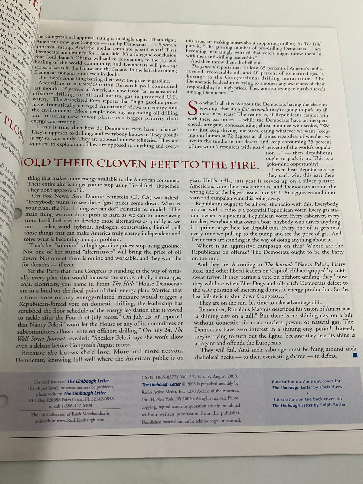 Another interior page of the Rush Limbaugh Letter Newsletter Magazine, August 2008, continuing the political discussion and analysis from the previous page.