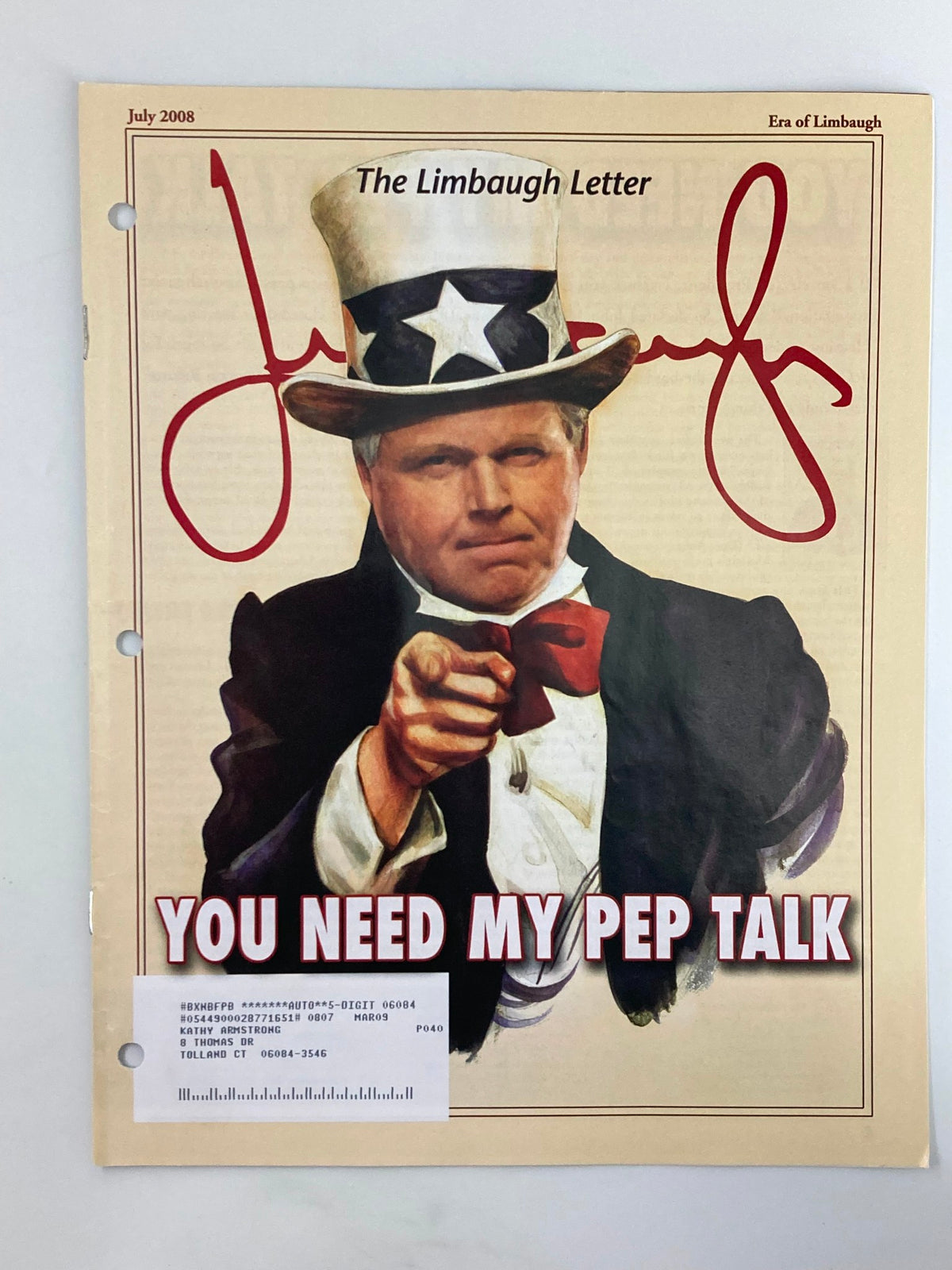 Rush Limbaugh Letter Newsletter July 2008 cover featuring the title 'You Need My Pep Talk' with a depiction of Rush Limbaugh in a patriotic Uncle Sam outfit.