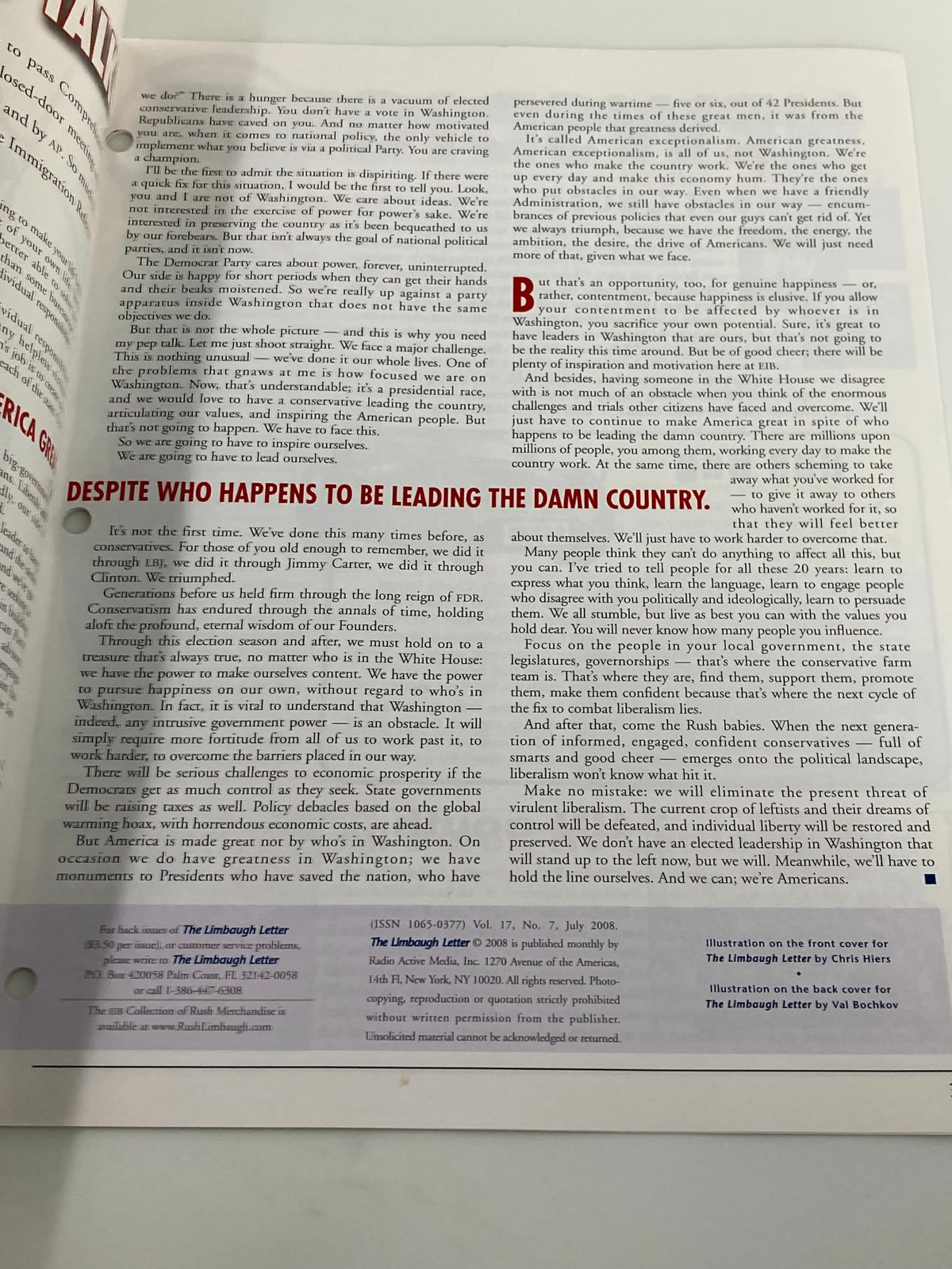 Another interior page from the Rush Limbaugh Letter Newsletter July 2008 offering insightful political commentary on American leadership.