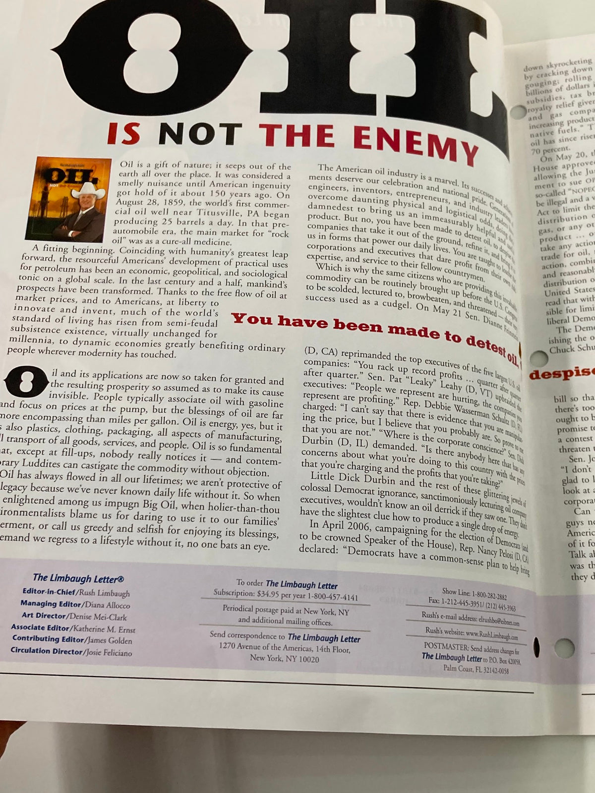 Inside page of the Rush Limbaugh Letter Newsletter June 2008, discussing the article 'Oil Is NOT the Enemy', highlighting key arguments about oil's value and perception.