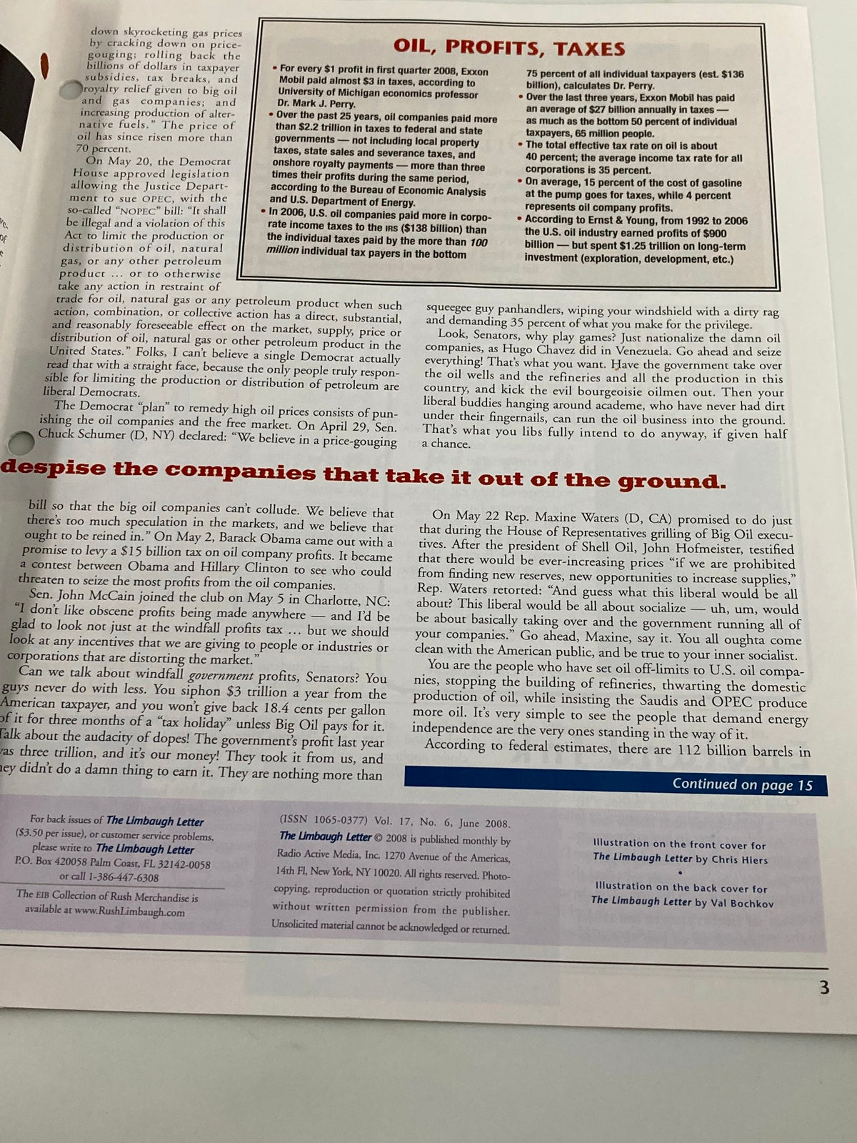 Another inside page of the Rush Limbaugh Letter Newsletter June 2008, continuing the discourse on oil, profits, and taxes, with a focus on political implications.