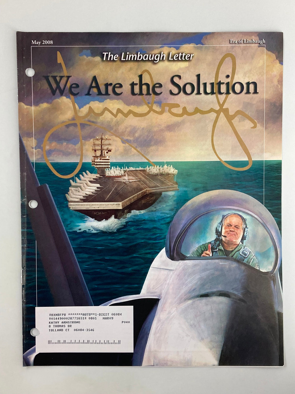 Cover of the Rush Limbaugh Letter Newsletter Magazine, May 2008, featuring an illustration of an aircraft carrier and a pilot, with the headline 'We Are the Solution' and Rush Limbaugh's signature.