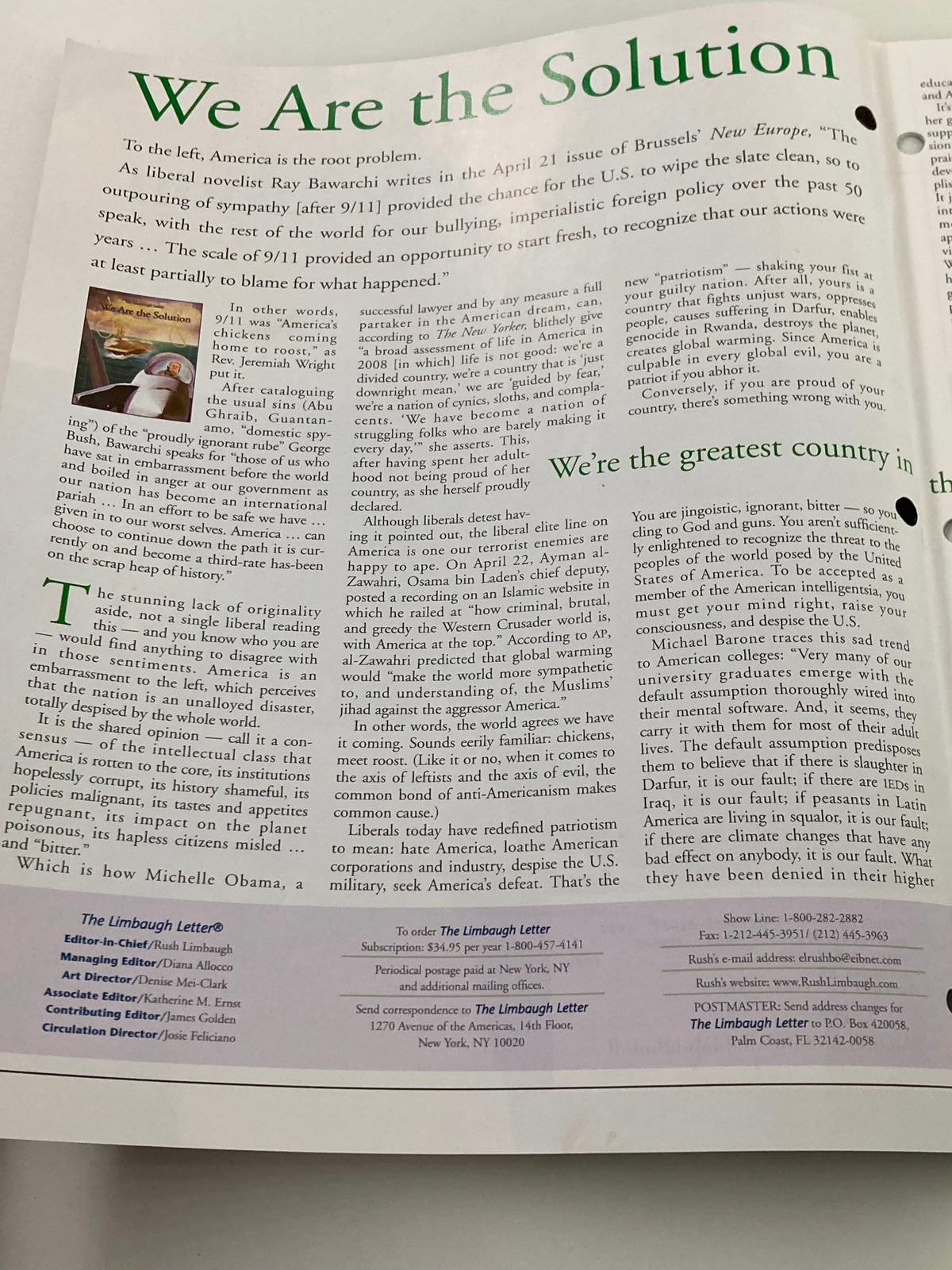 Interior page of the Rush Limbaugh Letter Newsletter Magazine May 2008, featuring the article 'We Are the Solution' discussing political and economic issues.
